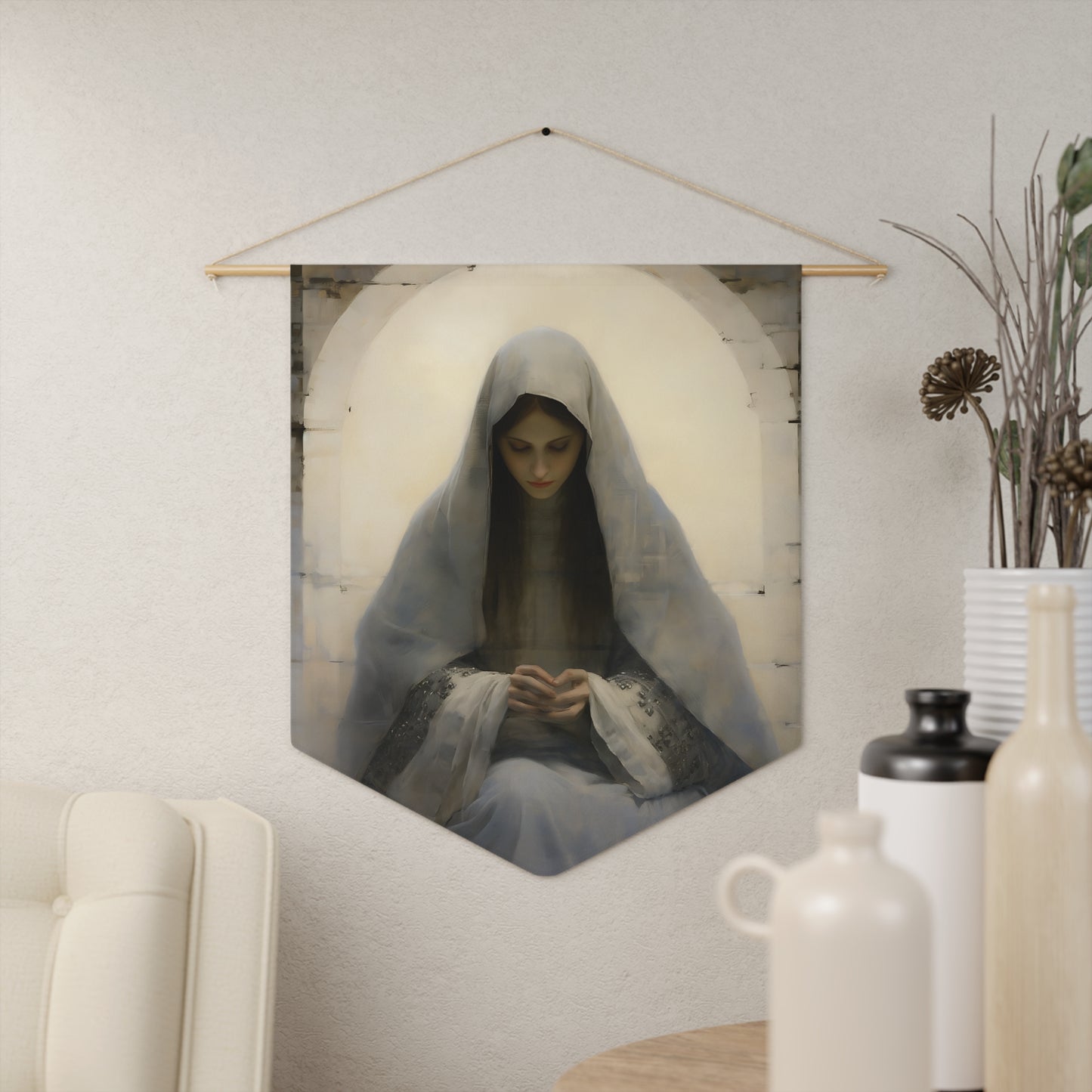 Mary the Blessed Virgin Wall Banner / Wall Hanging / Pennant - Prayer room art - Catholic Home -  18" x 21"