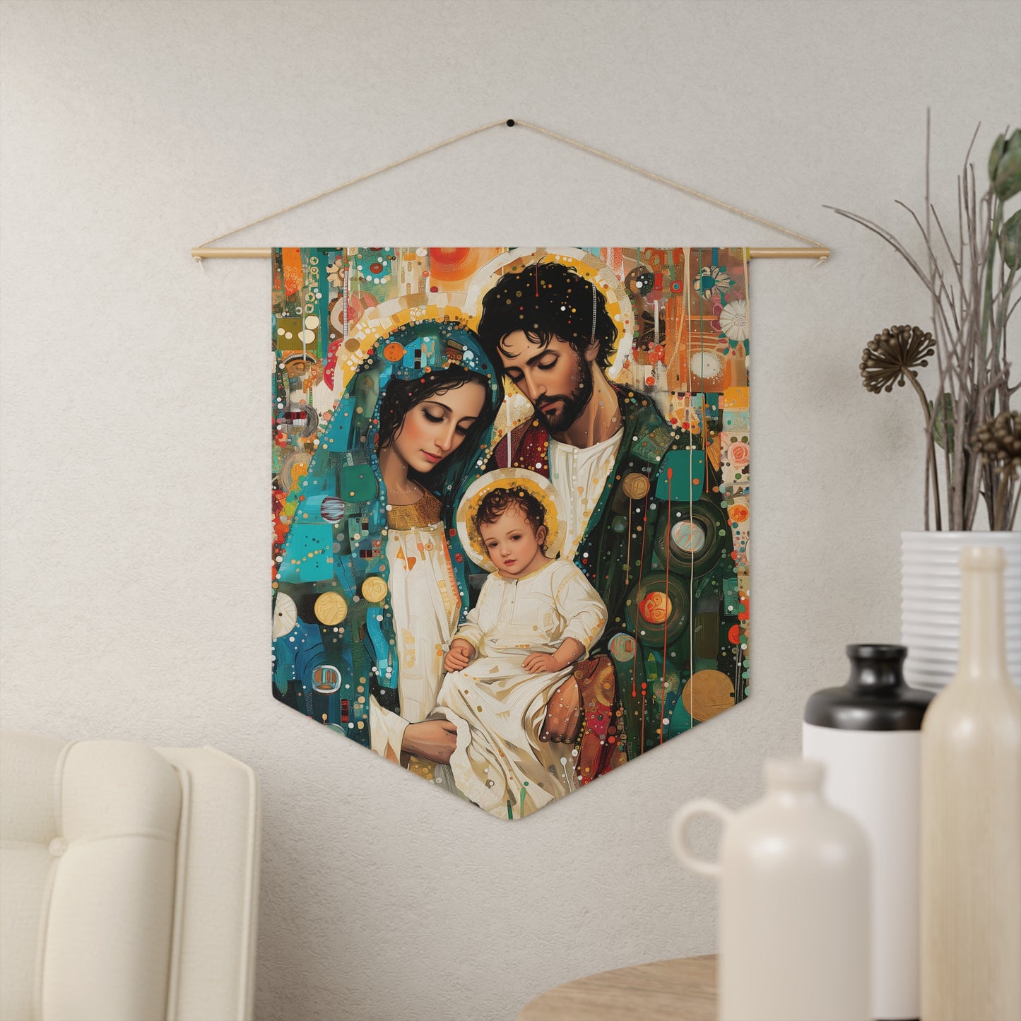 Eternal Light - Mary, Joseph, and the Christ Child Wall Banner / Wall Hanging - Prayer room art - Catholic - Large - 18" x 21" - Holy Family