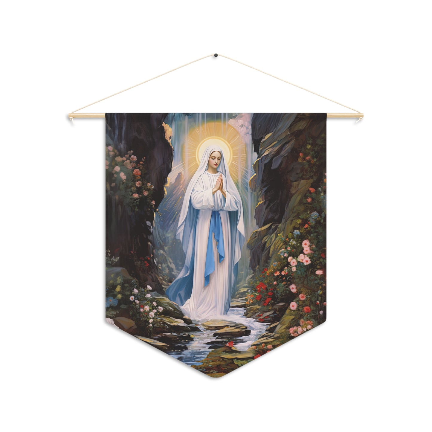 Our Lady of Lourdes Wall Banner / Wall Hanging / Pennant - Prayer room art - Catholic - Mary Blessed Virgin Art for your home - 18" x 21"