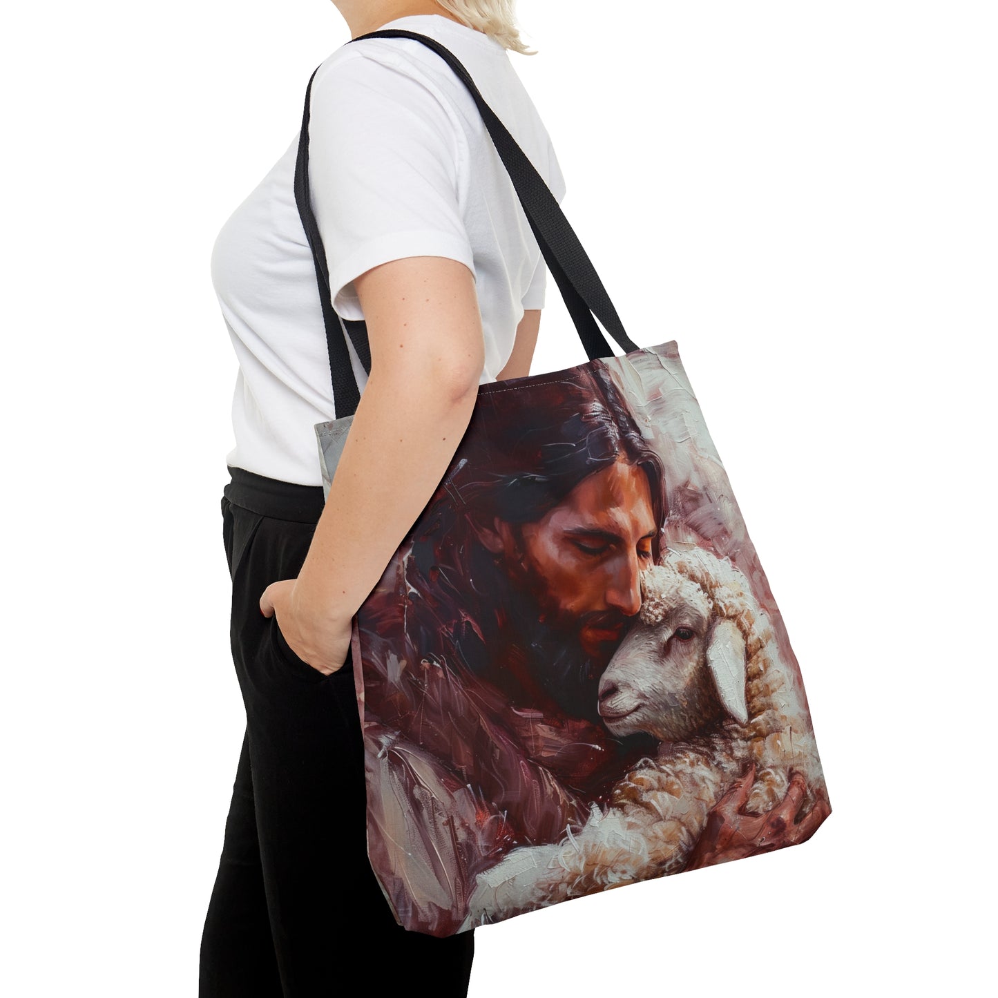 Jesus and the Little Lamb Tote Bag - Large Medium Small Faith Art Bag - Catholic Faith Purse - Religious Carry All