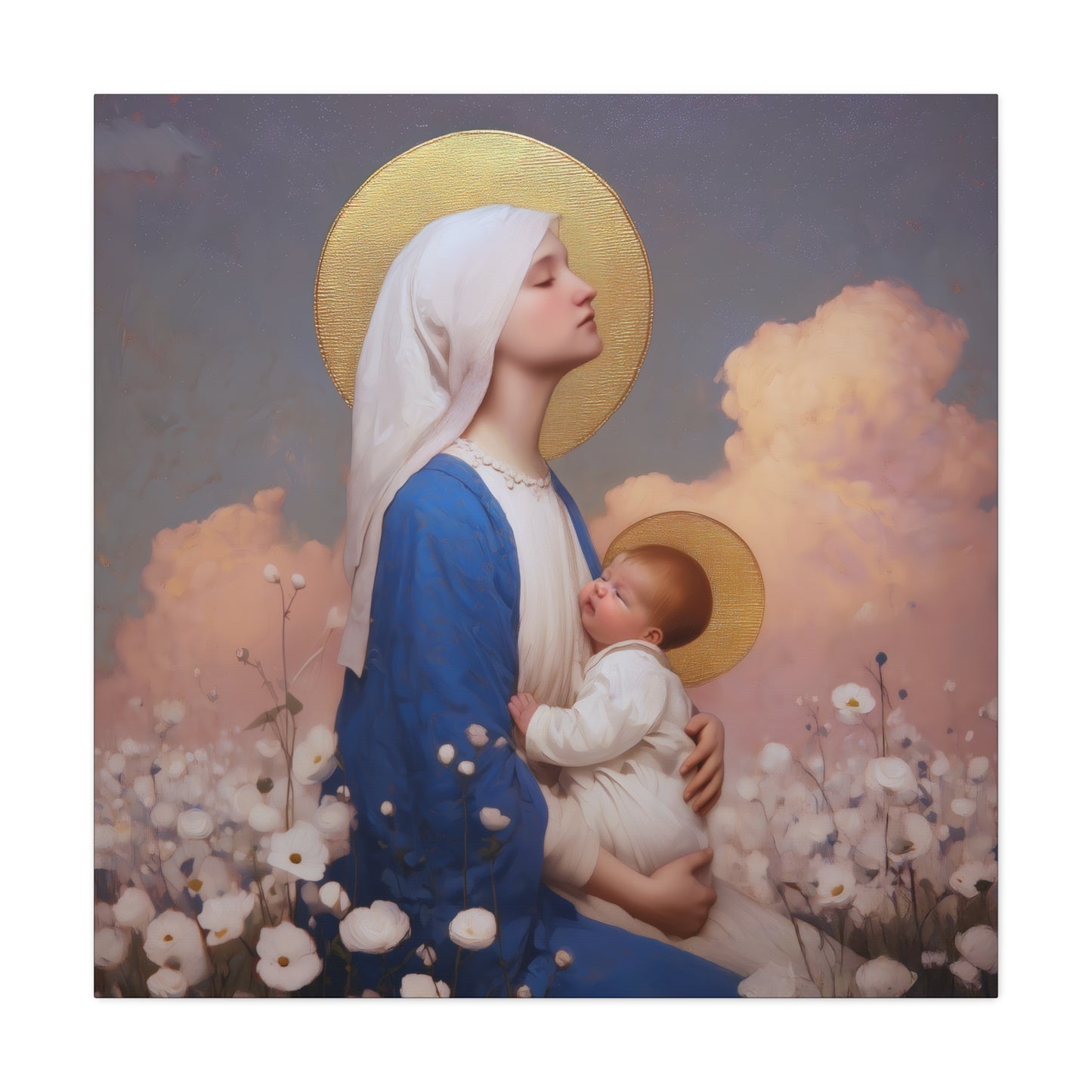 Mother Mary - Our Lady Among the Flowers -  Museum Wrapped Canvas - Sanctified Souls Print - Religious Art for your Home - Catholic Mother Mary Art