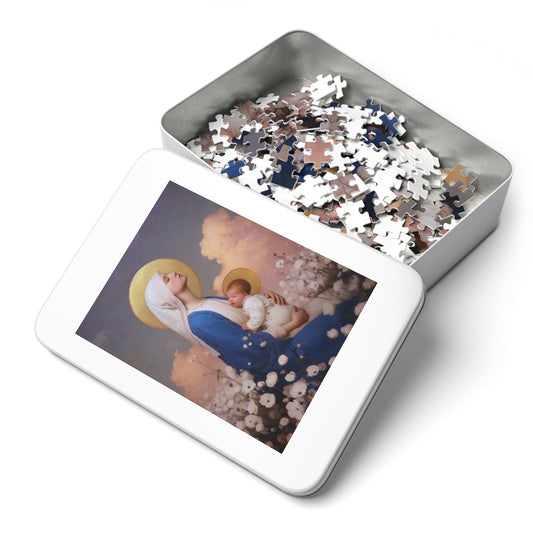 Our Lady Among the Flowers - Puzzle and Tin - Religious Jigsaw Puzzle (30, 110, 252, 500,1000) - Gift Catholic Families - Catholic Christmas