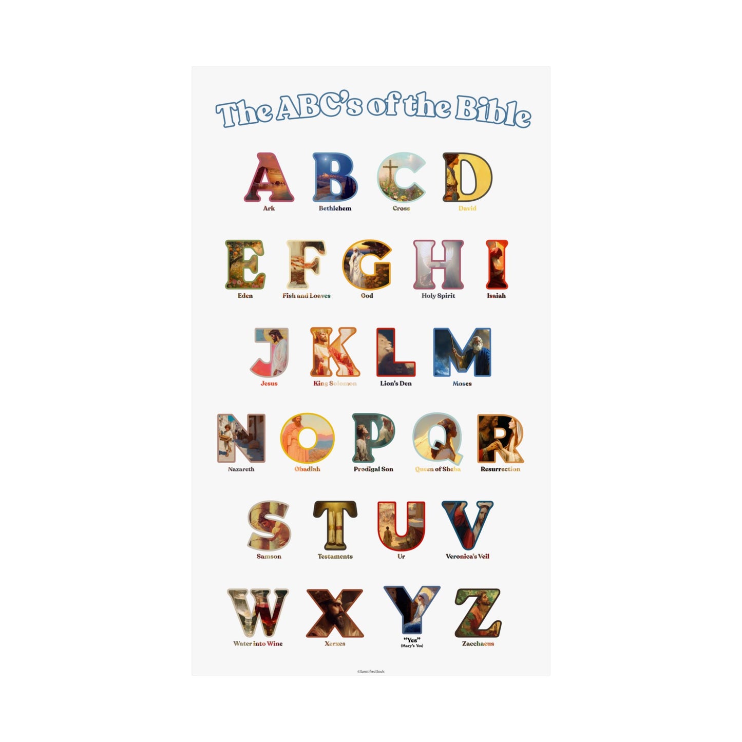 Bible ABC Poster - ABCs of the Bible Wall Art - Biblical People Places and Stories Chart - Christian Homeschool or Sunday School Decor