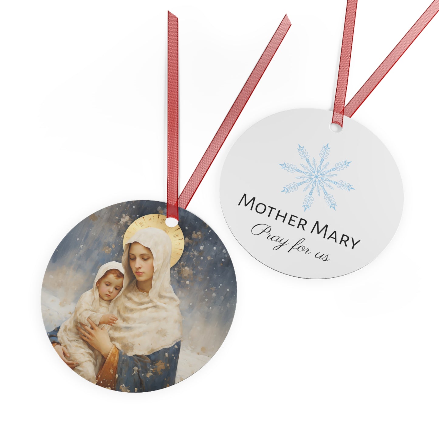 Winter's Grace : Our Lady of the Snows Metal Ornament - Religious Holiday Christmas Ornament and Keepsake - Double sided - Prayer Ornament