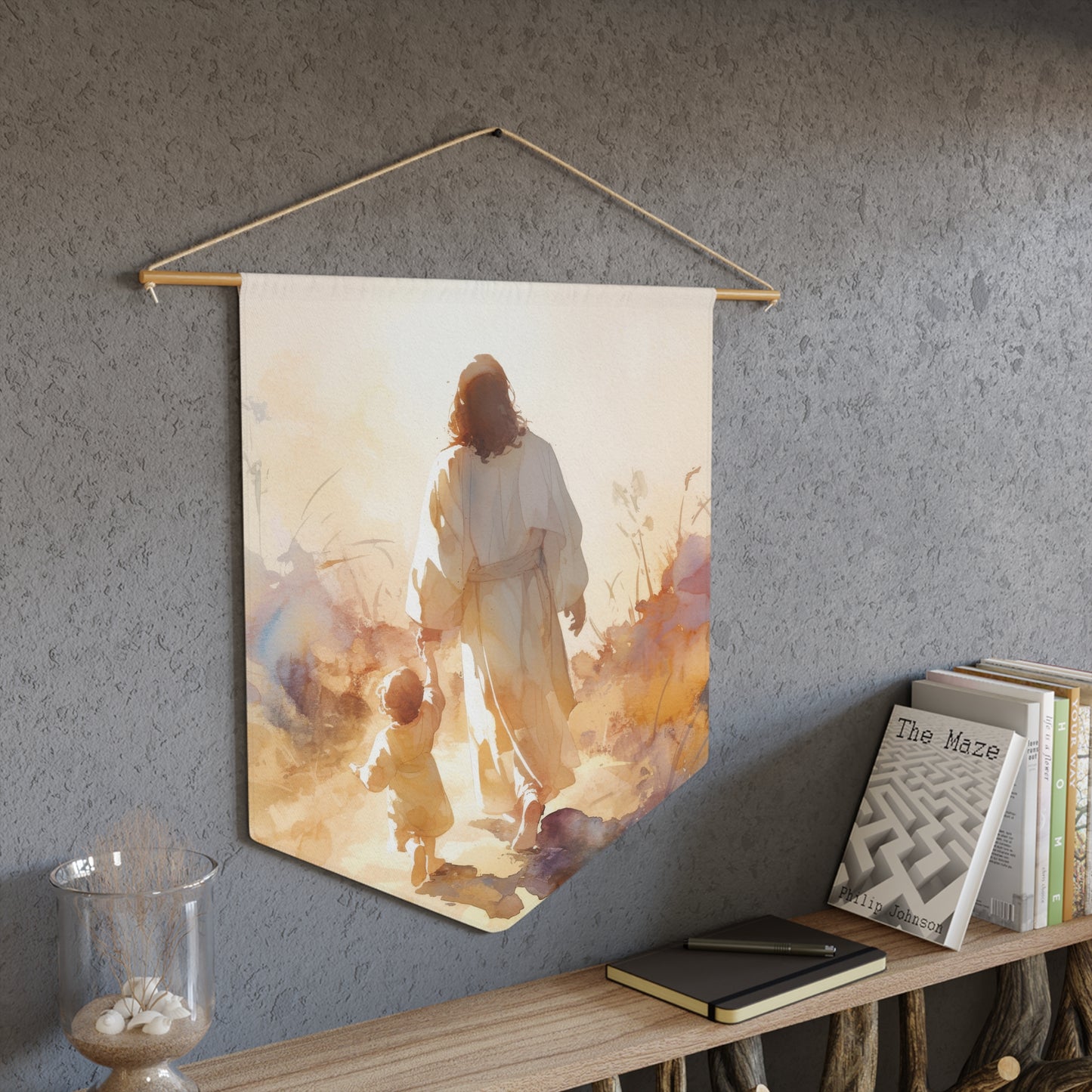 Jesus Guiding a Child in Faith Pennant / Banner / Wall Hanging - Prayer room art - 18" x 21" - Catholic Gift - Christ and Child