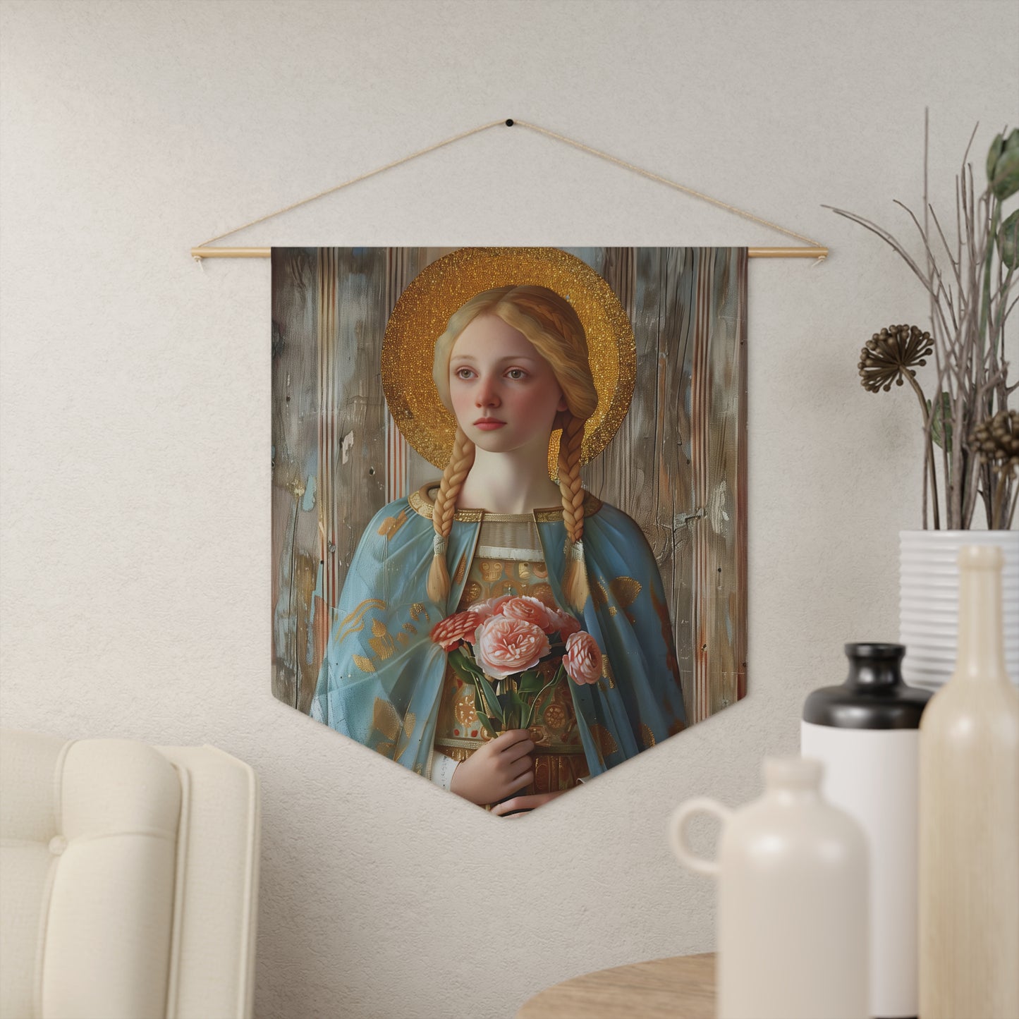 Saint Fina / Seraphina Wall Banner / Wall Hanging - Prayer room art - Catholic Home Art - Large Saint Art - 18" x 21"