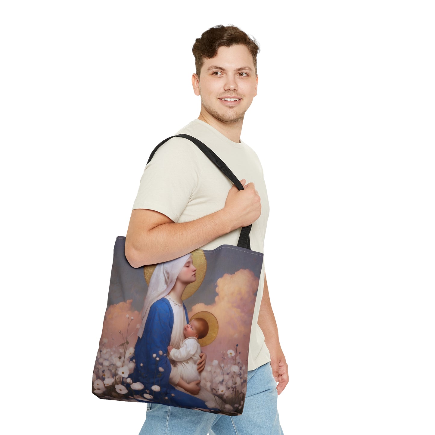 Our Lady Among the Flowers - Tote Bag - Large Medium Small Faith Art Bag - Bible Study Faith Purse - Double Sided Prayer Tote
