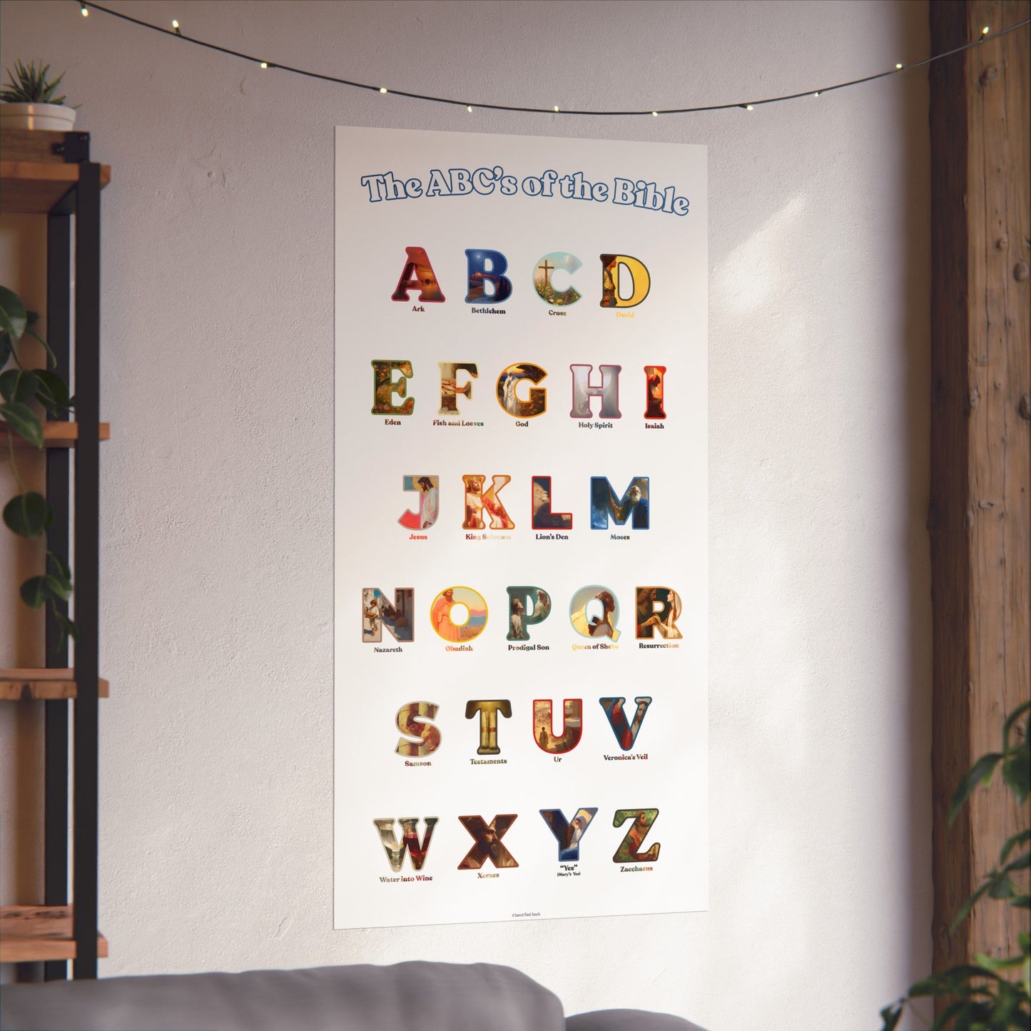 Bible ABC Poster - ABCs of the Bible Wall Art - Biblical People Places and Stories Chart - Christian Homeschool or Sunday School Decor