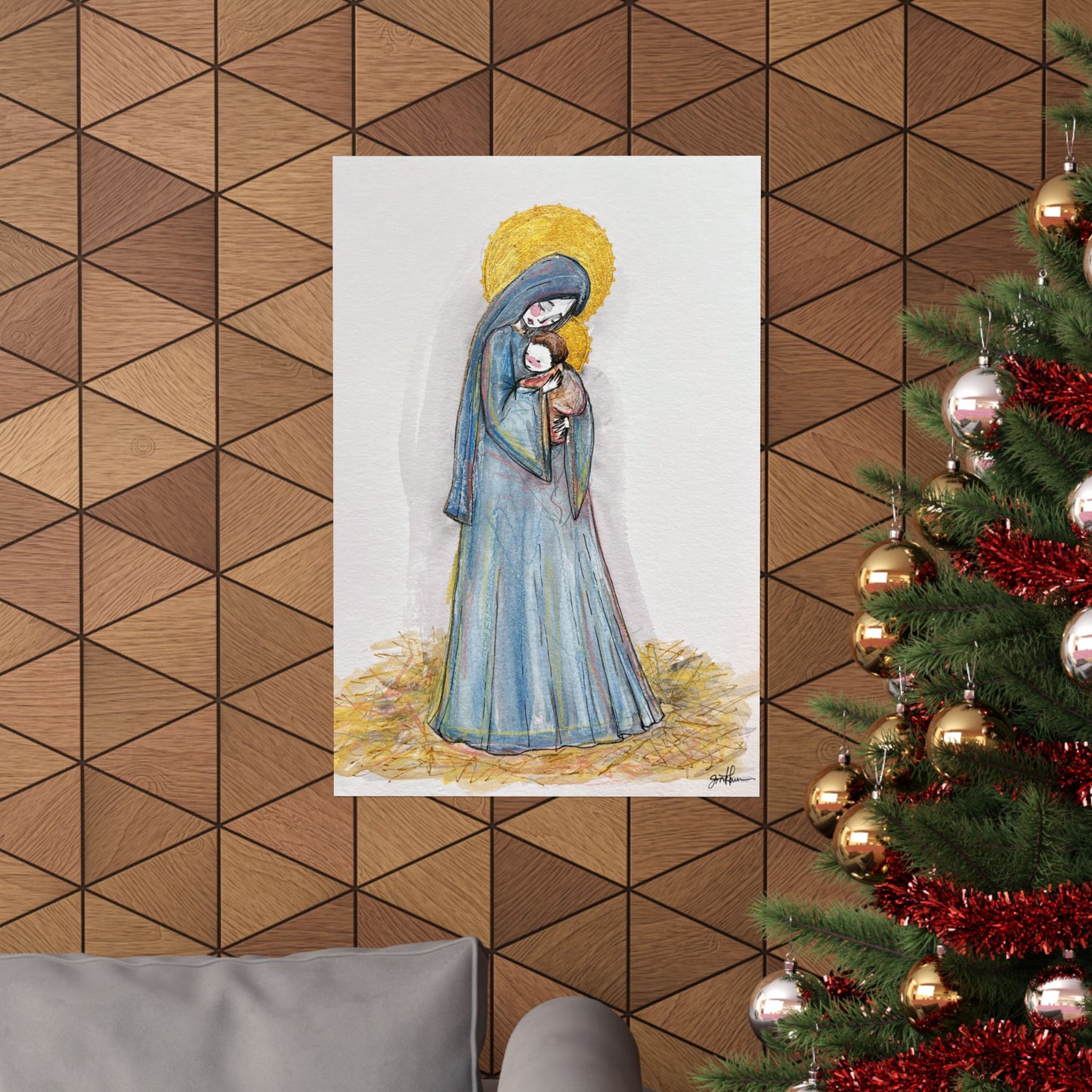 Our Lady of the Manger Catholic Art Print | Hand-Drawn Watercolor Virgin Mary Artwork | Christian Devotional Wall Art