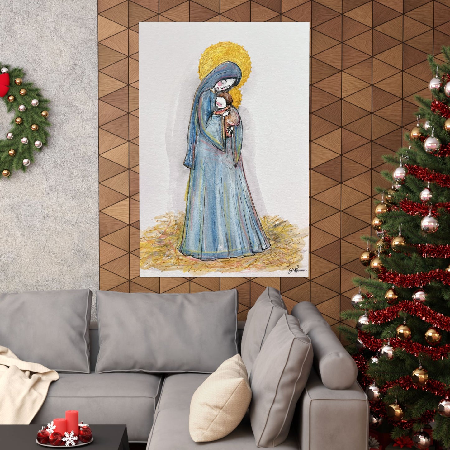 Our Lady of the Manger Catholic Art Print | Hand-Drawn Watercolor Virgin Mary Artwork | Christian Devotional Wall Art