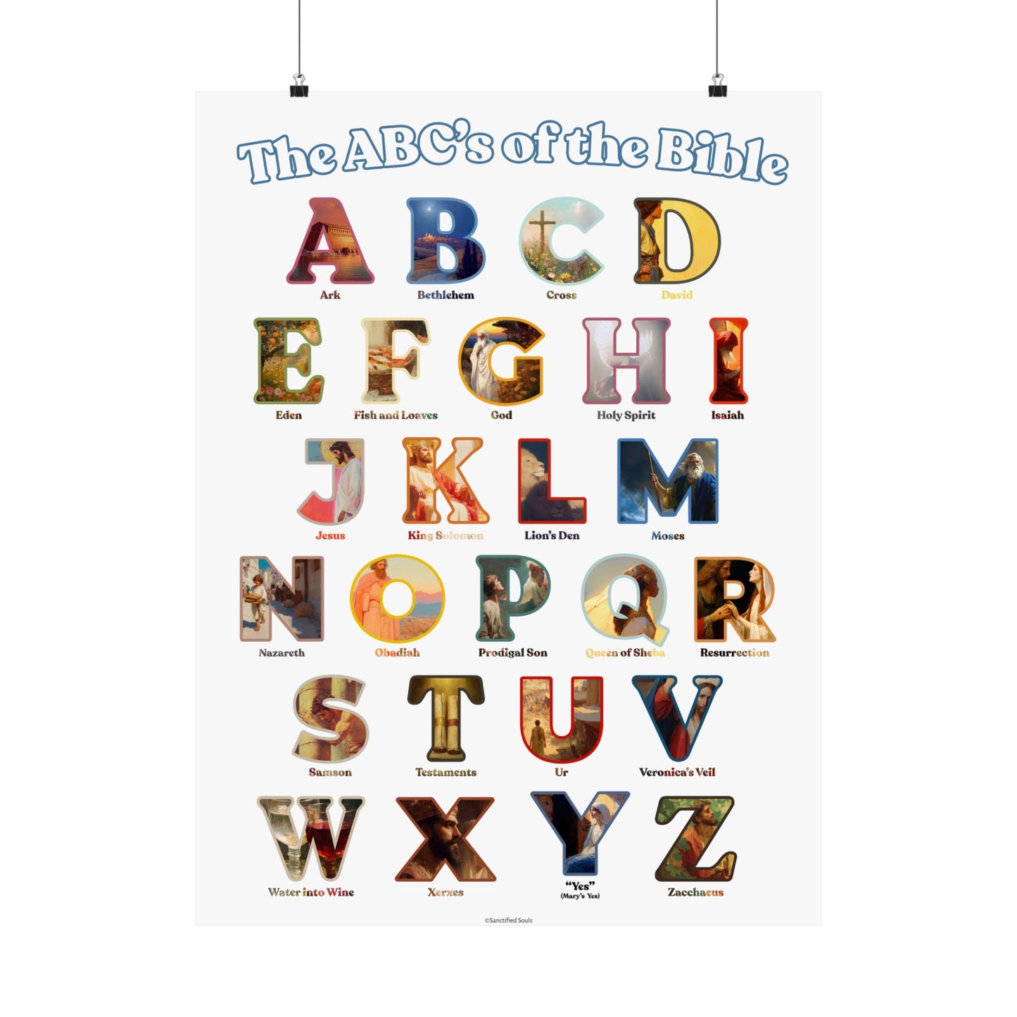 Bible ABC Poster - ABCs of the Bible Wall Art - Biblical People Places and Stories Chart - Christian Homeschool or Sunday School Decor