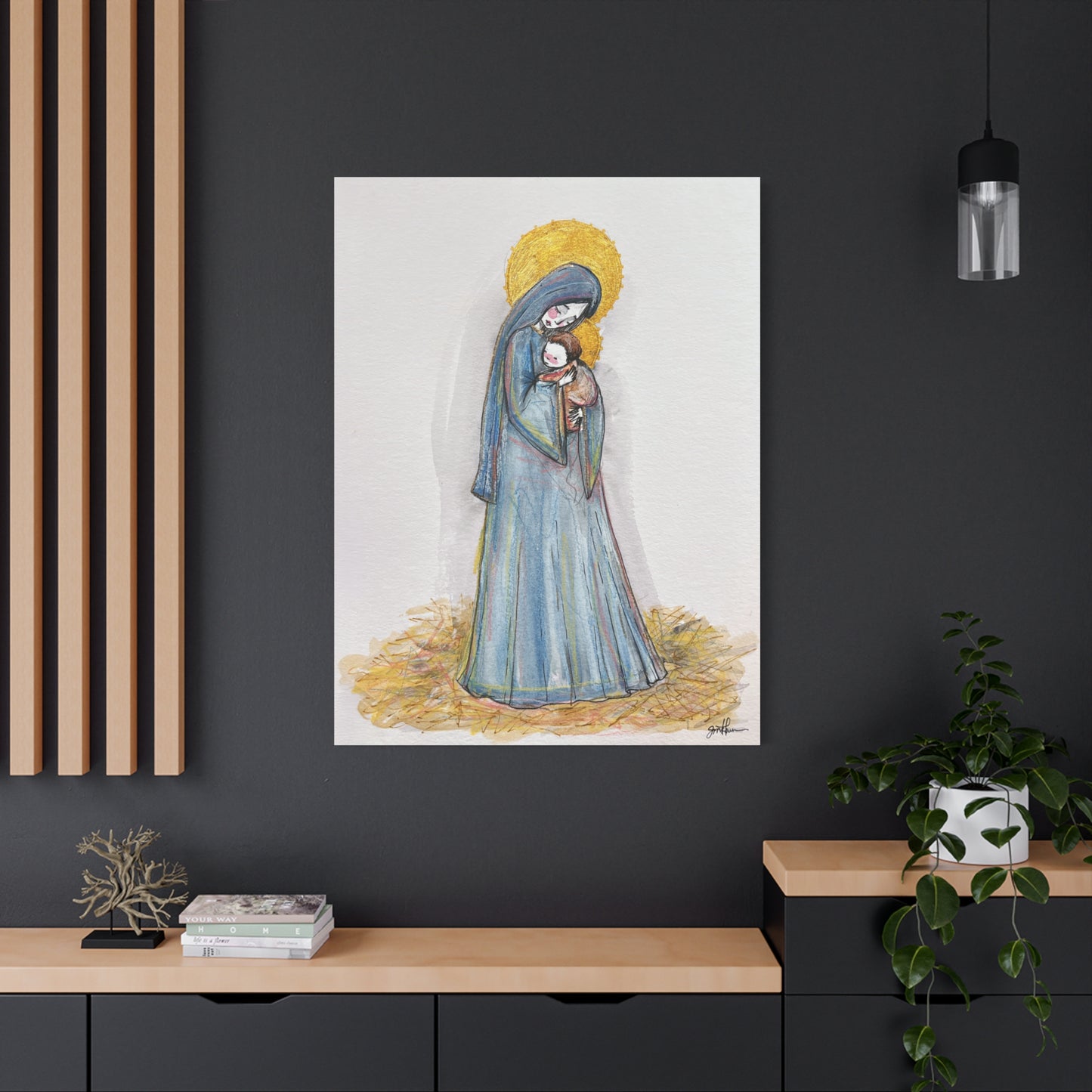 Our Lady of the Manger - Mother Mary Art - Catholic Canvas Print | Virgin Mary Sacred Art | Hand-Drawn Watercolor Christian Wall Art