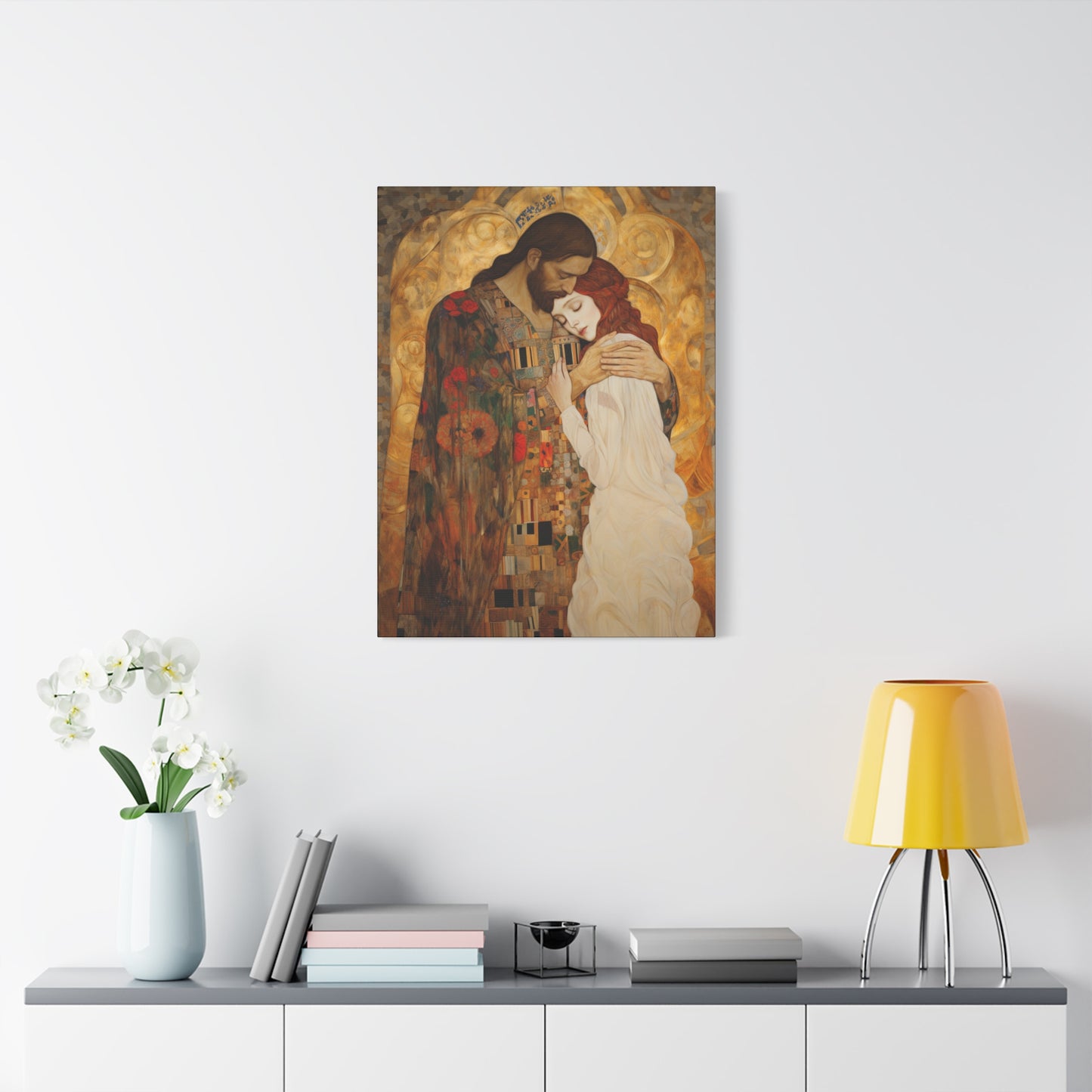 Christ Embracing Mary Magdalene Museum Wrapped Canvas - Sanctified Souls Print -Based on Klimt's The Kiss - Religious Catholic Art