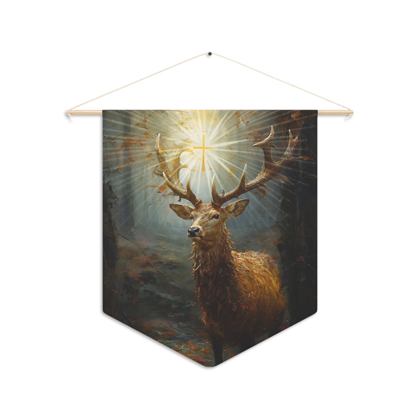 The Stag of Saint Hubert / Saint Hubertus Stag Banner / Wall Hanging - Prayer room art - Catholic Home Art - Large Print - 18" x 21"