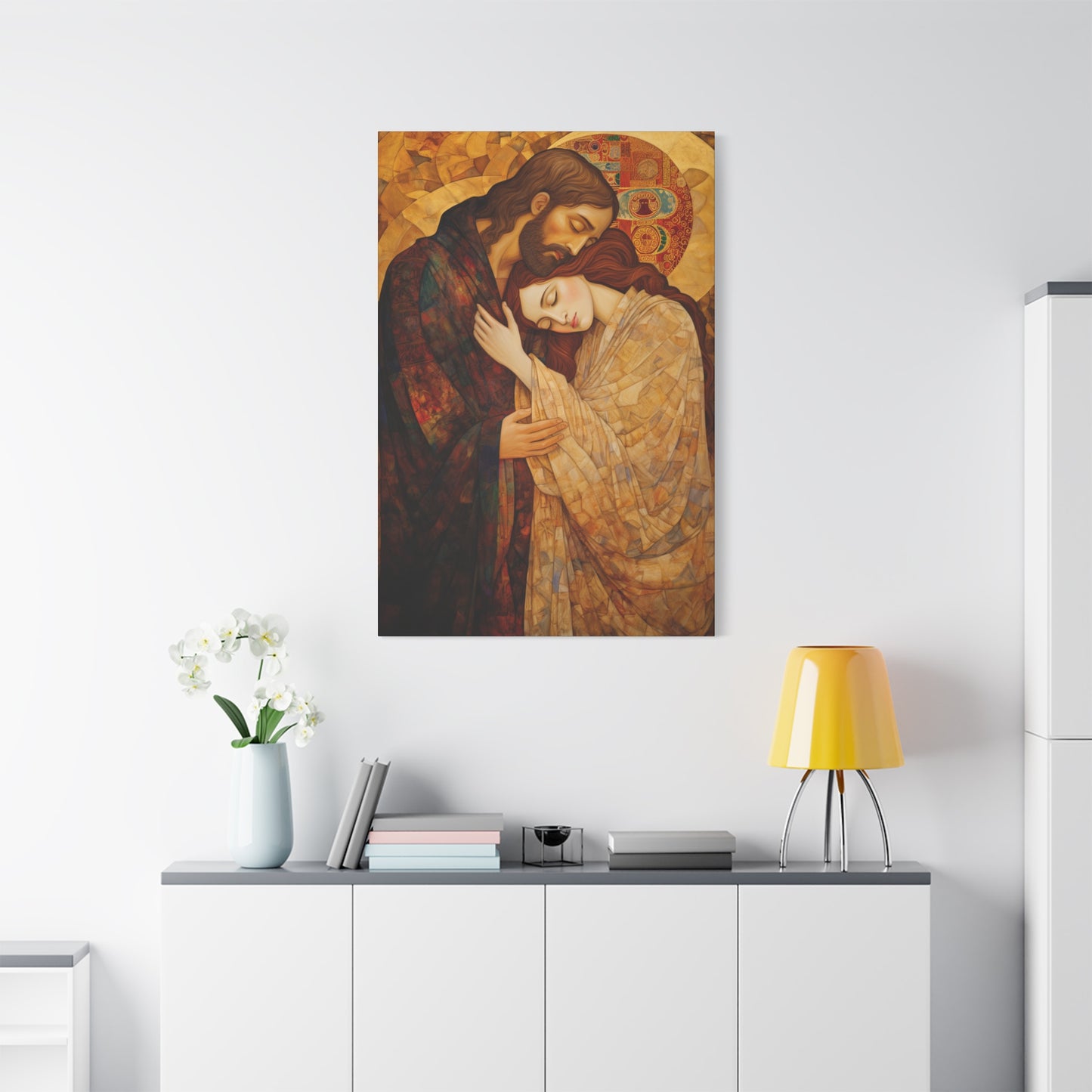 Healing Love- The Embrace of Christ and Mary Magdalene Museum Wrapped Canvas - Sanctified Souls Print -Based on Klimt's The Kiss