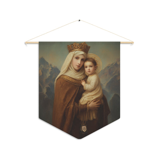 A Cord Between Heaven and Earth - Our Lady of Mount Carmel Pennant / Banner / Wall Hanging - Prayer room art - Catholic Home - 18" x 21"