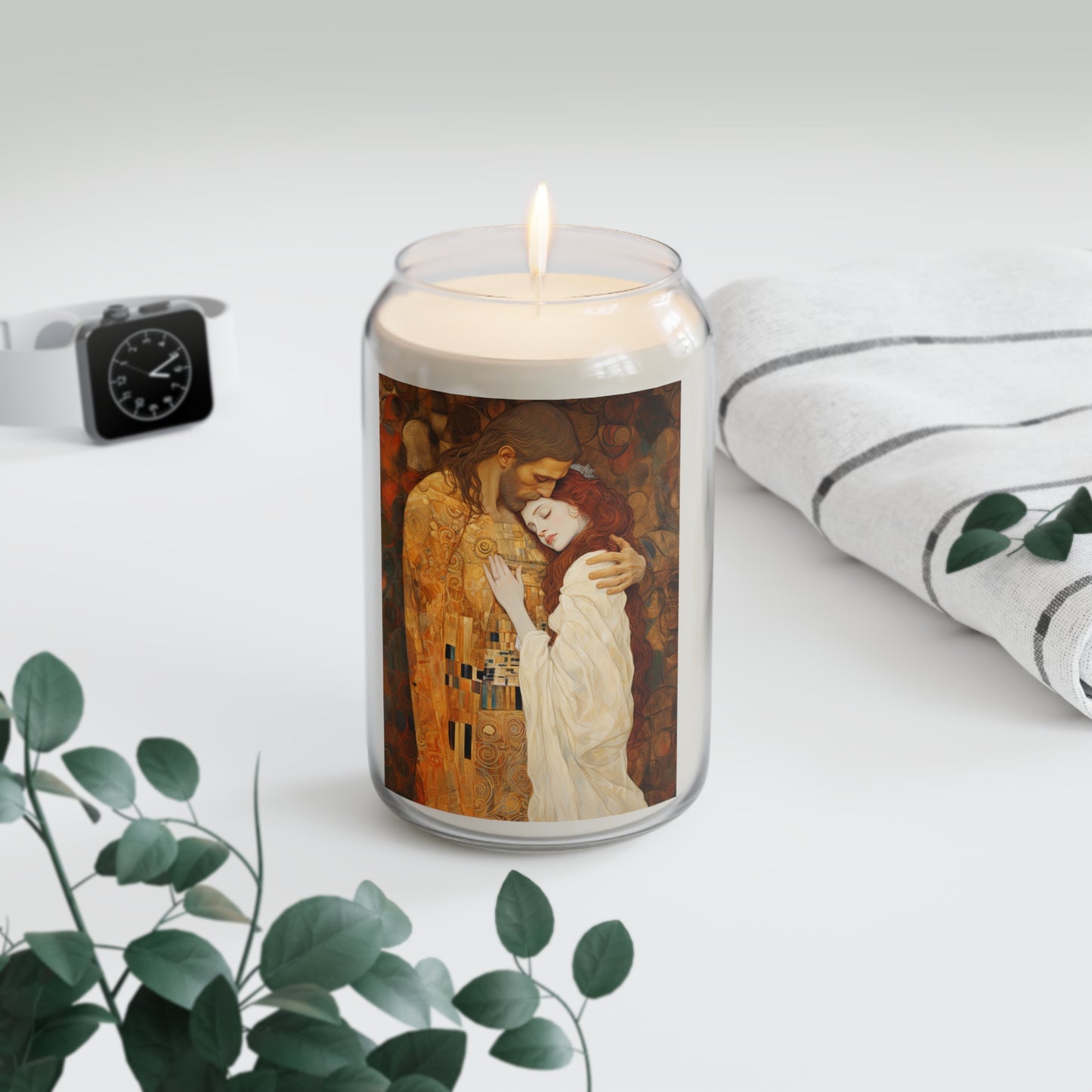 Transcendent Devotion: Christ Embracing Mary Magdalene Scented Prayer Candle, 13.75oz - Tall Size Natural Soy - Styled as Klimt's The Kiss