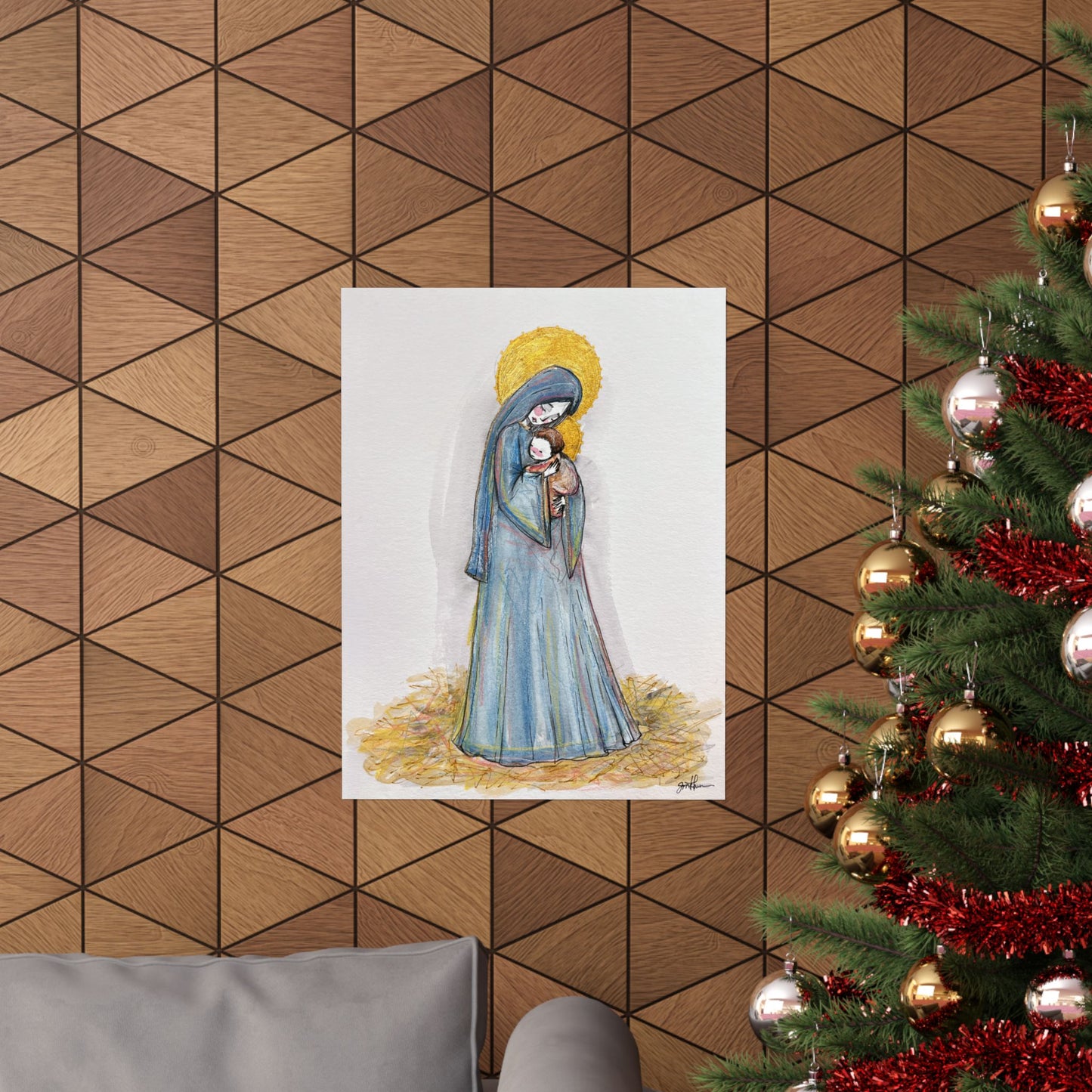 Our Lady of the Manger Catholic Art Print | Hand-Drawn Watercolor Virgin Mary Artwork | Christian Devotional Wall Art