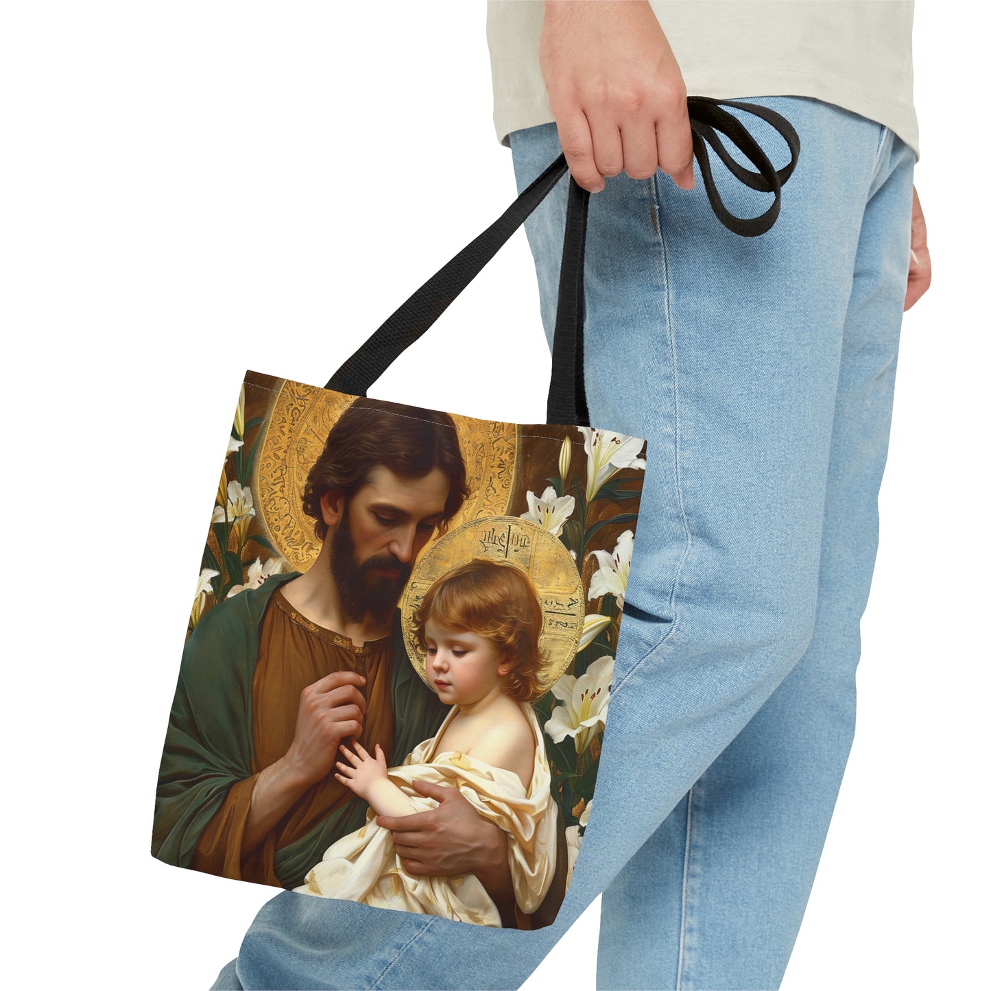 Saint Joseph and Jesus Tote Bag - Large Medium Small Faith Art Bag - Catholic Faith Purse - Double Sided - Religious Art - Christ Child