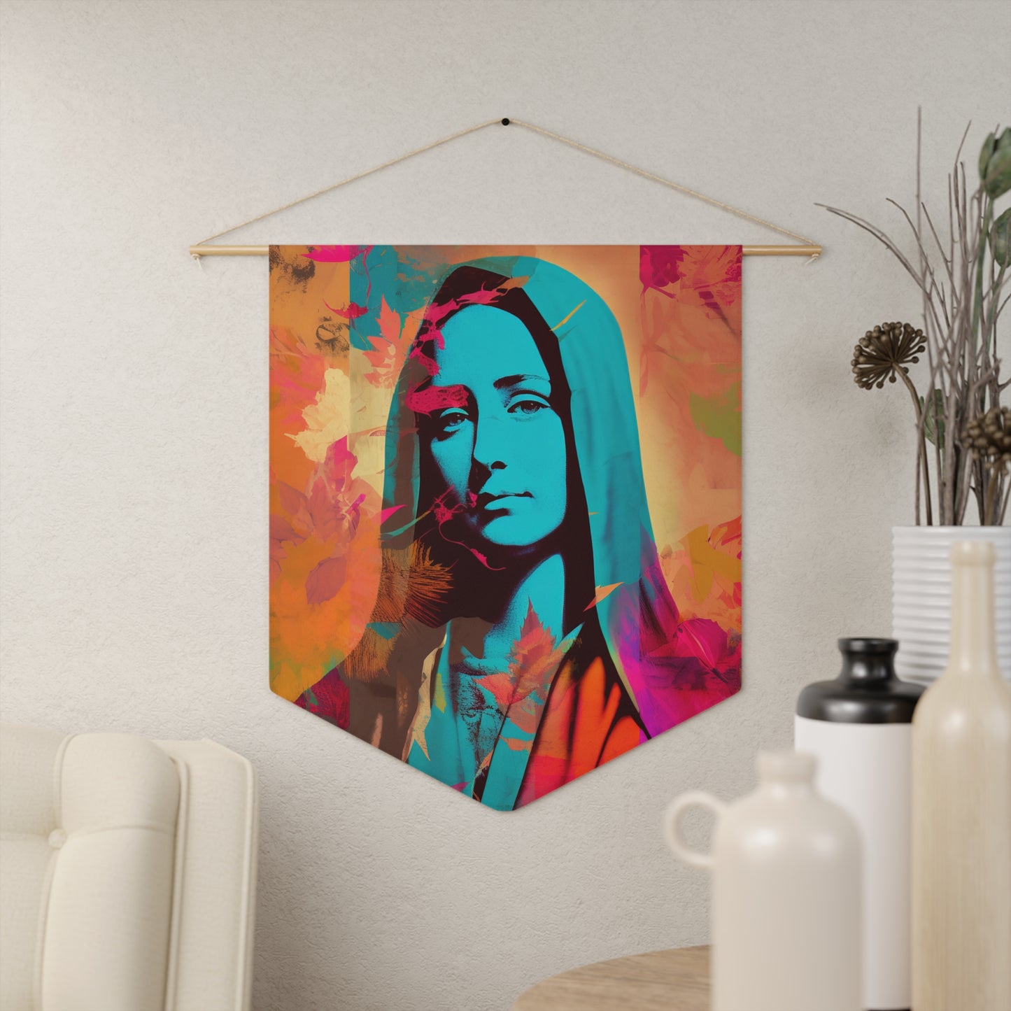 Mary the Blessed Virgin Wall Banner / Wall Hanging / Pennant - Prayer room art - Catholic Home -  18" x 21"