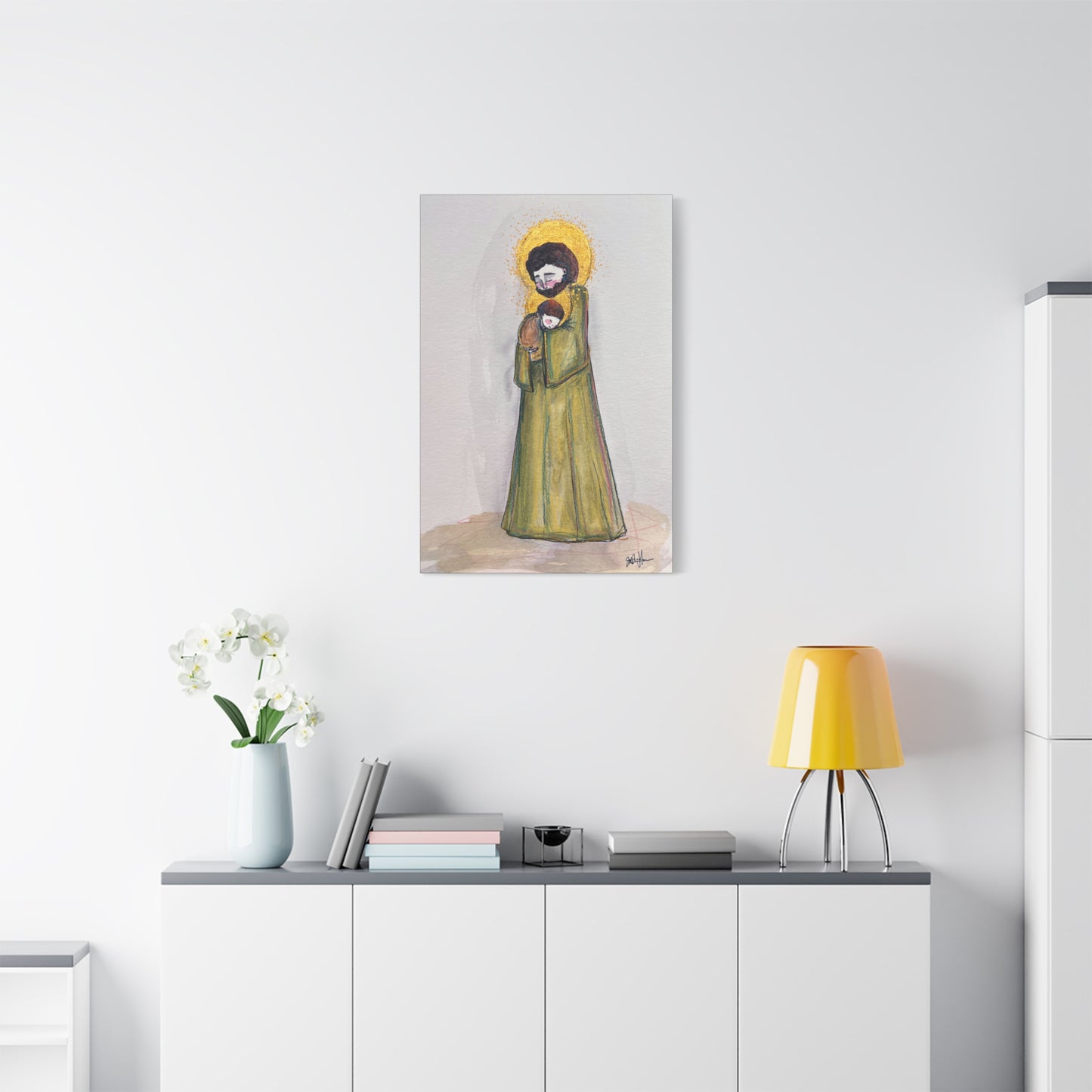Saint Joseph and Child Jesus Catholic Canvas Print | Hand-Drawn Watercolor Sacred Art | Christian Devotional Wall Art