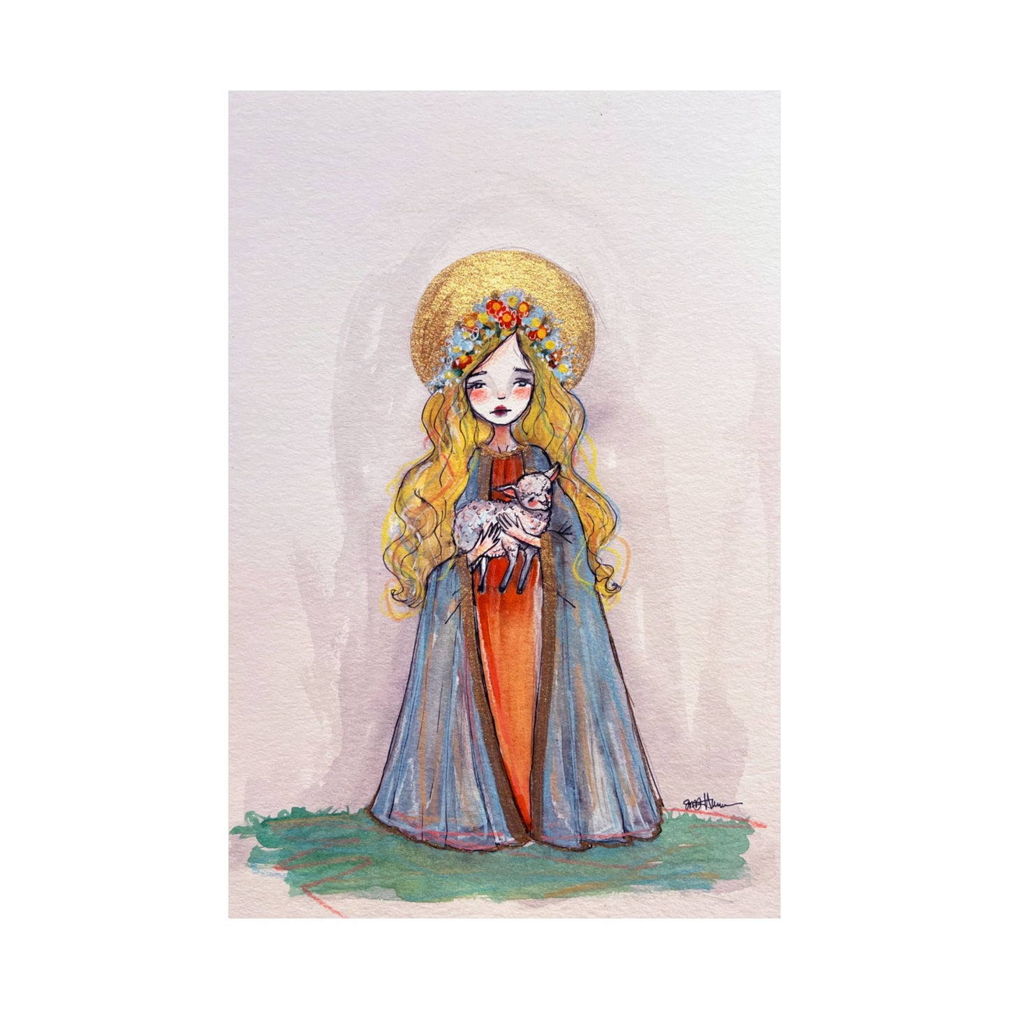 Saint Agnes of Rome Catholic Art Print | Hand-Drawn Watercolor Sacred Artwork | Christian Devotional Wall Art Religious Poster