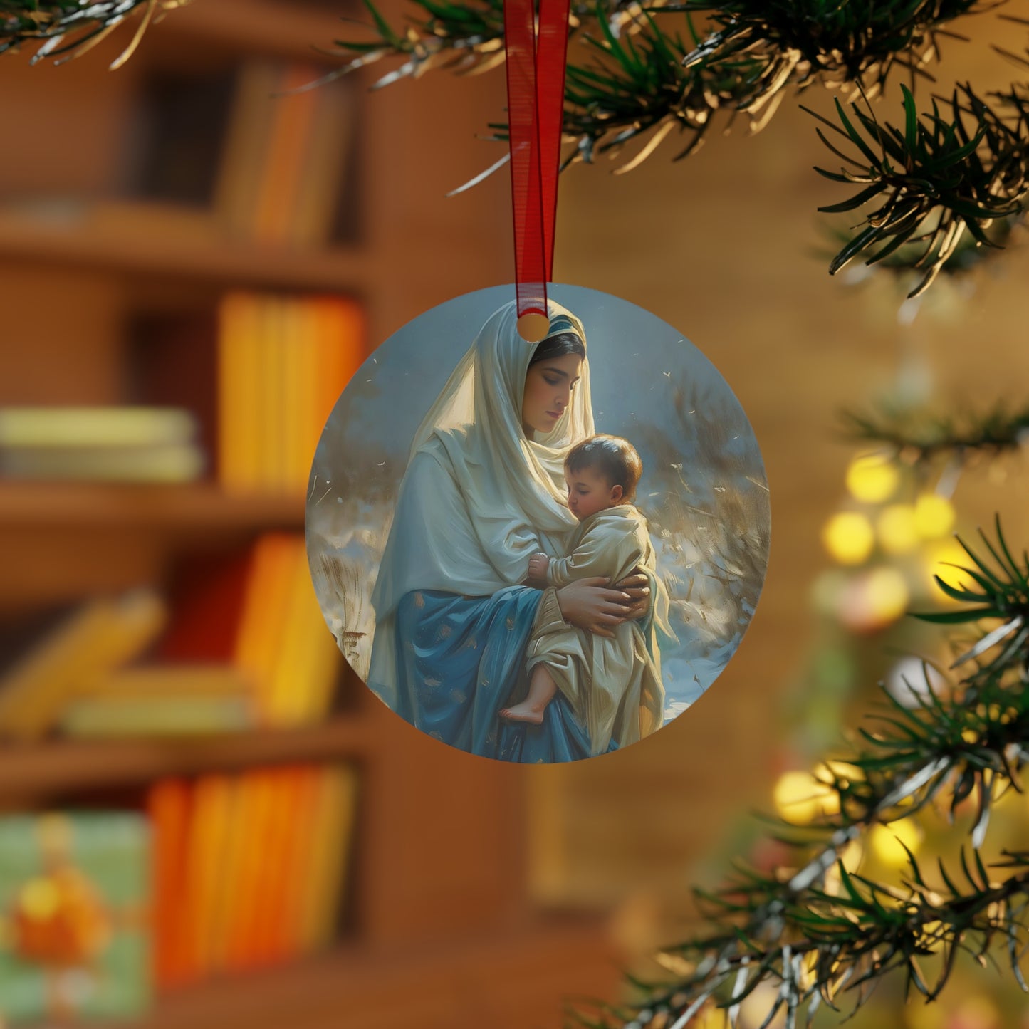 Snowfall of Grace - Our Lady's Winter Radiance - Our Lady of the Snows Metal Ornament - Religious Holiday Christmas Ornament - Double sided