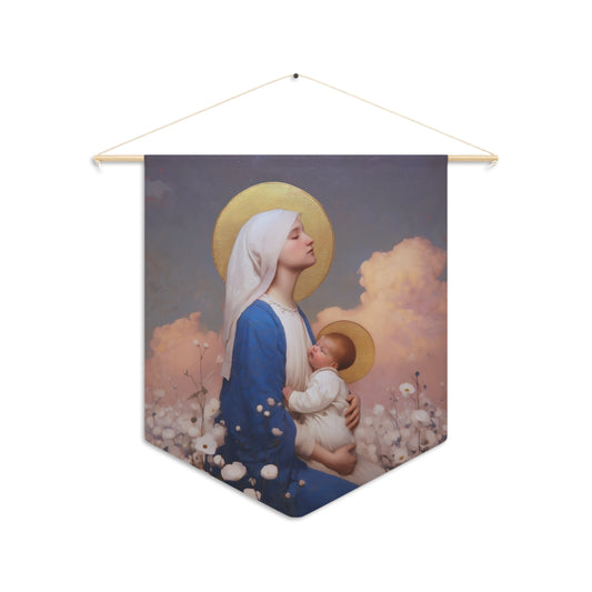 Our Lady Among the Flowers Pennant / Banner / Wall Hanging - Prayer room art - 18" x 21" - Catholic - Large Banner - Catholic Home Art
