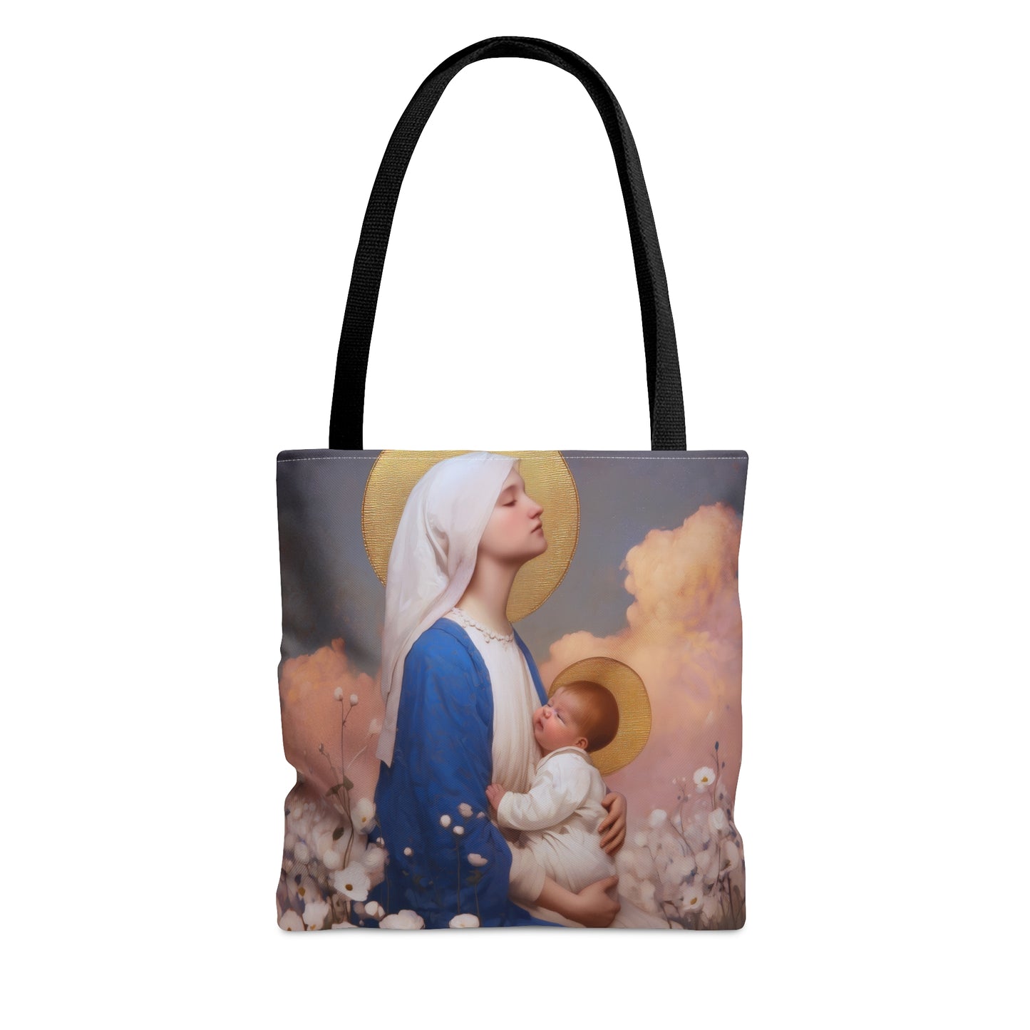 Our Lady Among the Flowers - Tote Bag - Large Medium Small Faith Art Bag - Bible Study Faith Purse - Double Sided Prayer Tote