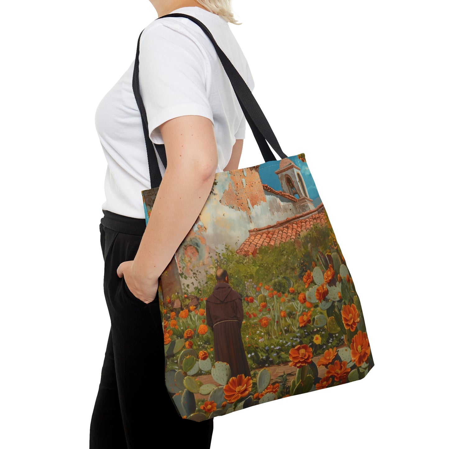 Saint Junípero Serra Tote Bag - Large Medium Small Faith Art Bag - Catholic Faith Purse - Double Sided - Religious - Santa Barbara Mission