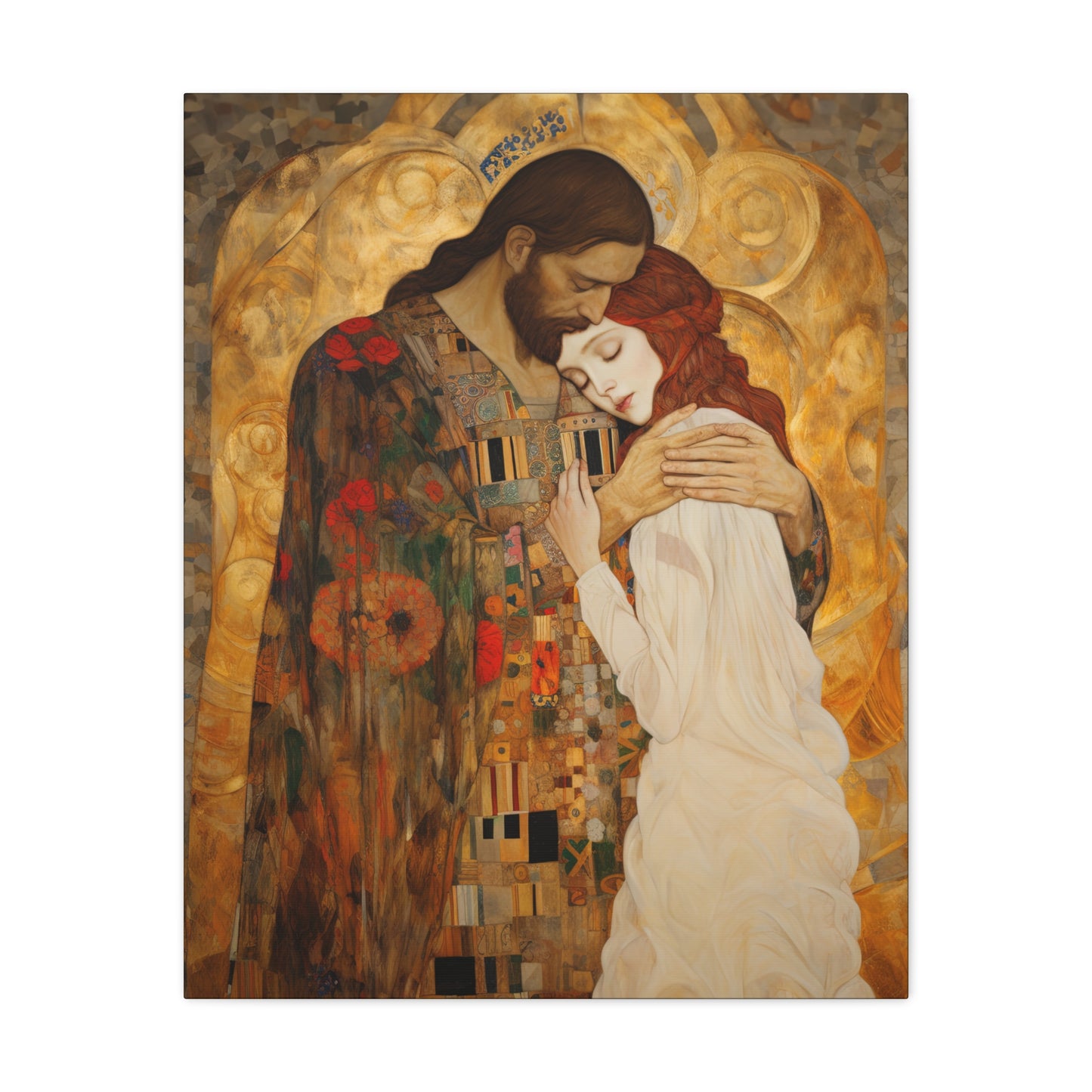 Christ Embracing Mary Magdalene Museum Wrapped Canvas - Sanctified Souls Print -Based on Klimt's The Kiss - Religious Catholic Art