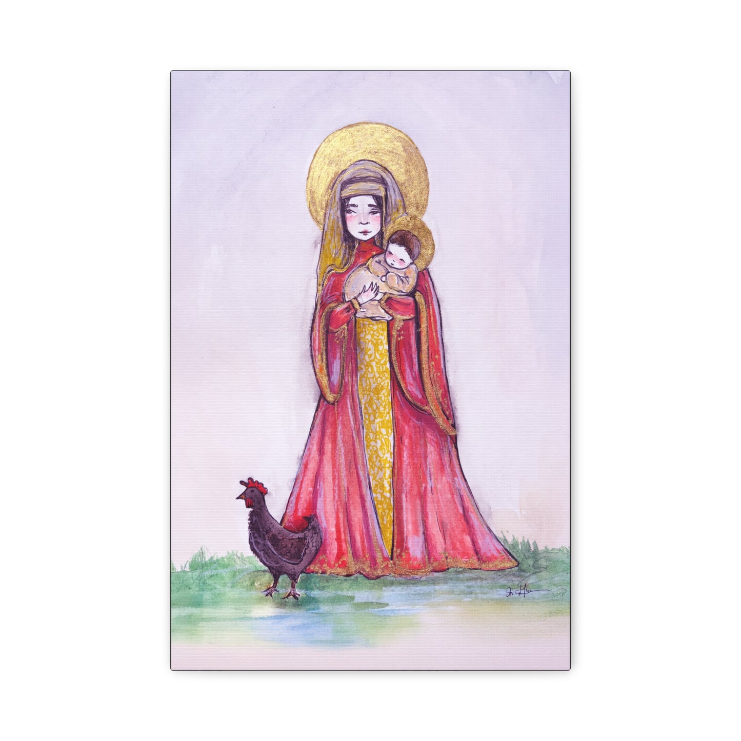 Our Lady of the Hens Catholic Canvas Print | Virgin Mary and Child Sacred Art | Hand-Drawn Watercolor Marian Wall Art