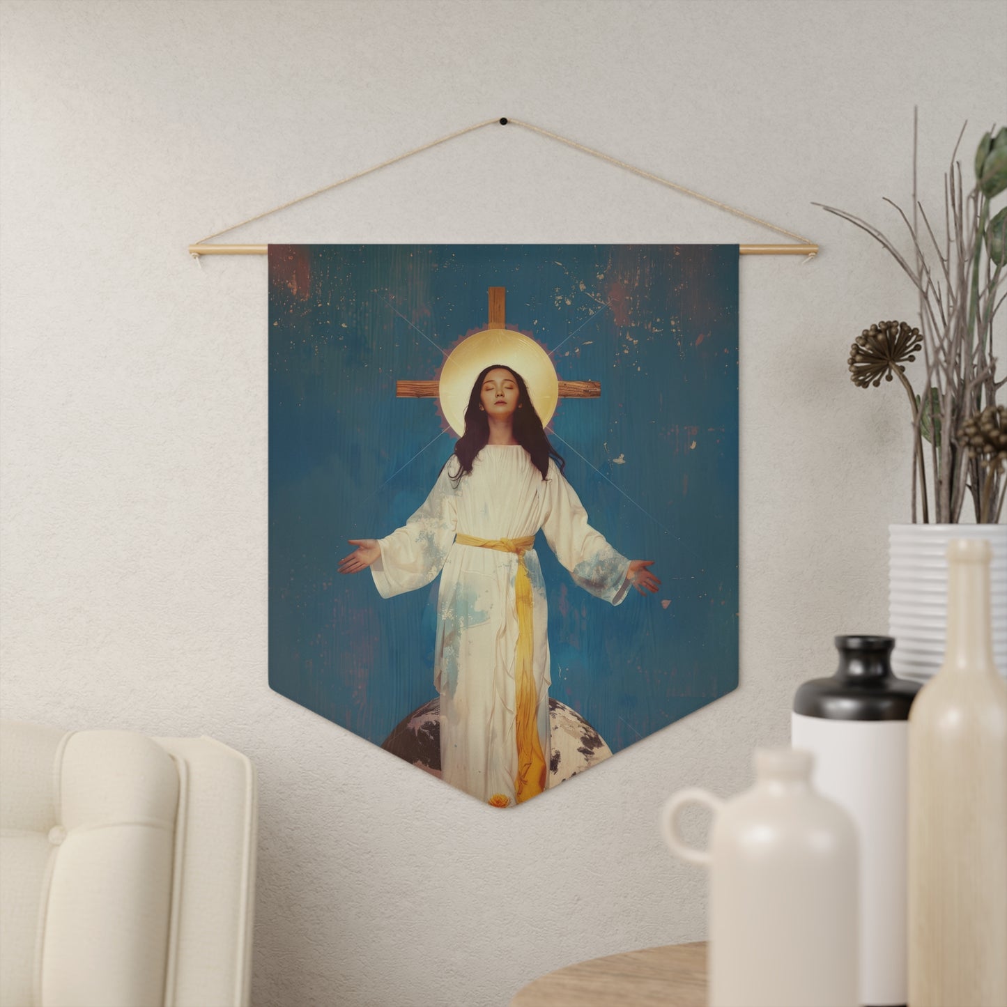 Our Lady of Akita - Mother Mary - Pennant / Banner / Wall Hanging - Prayer room - Catholic Art - Large - 18" x 21"