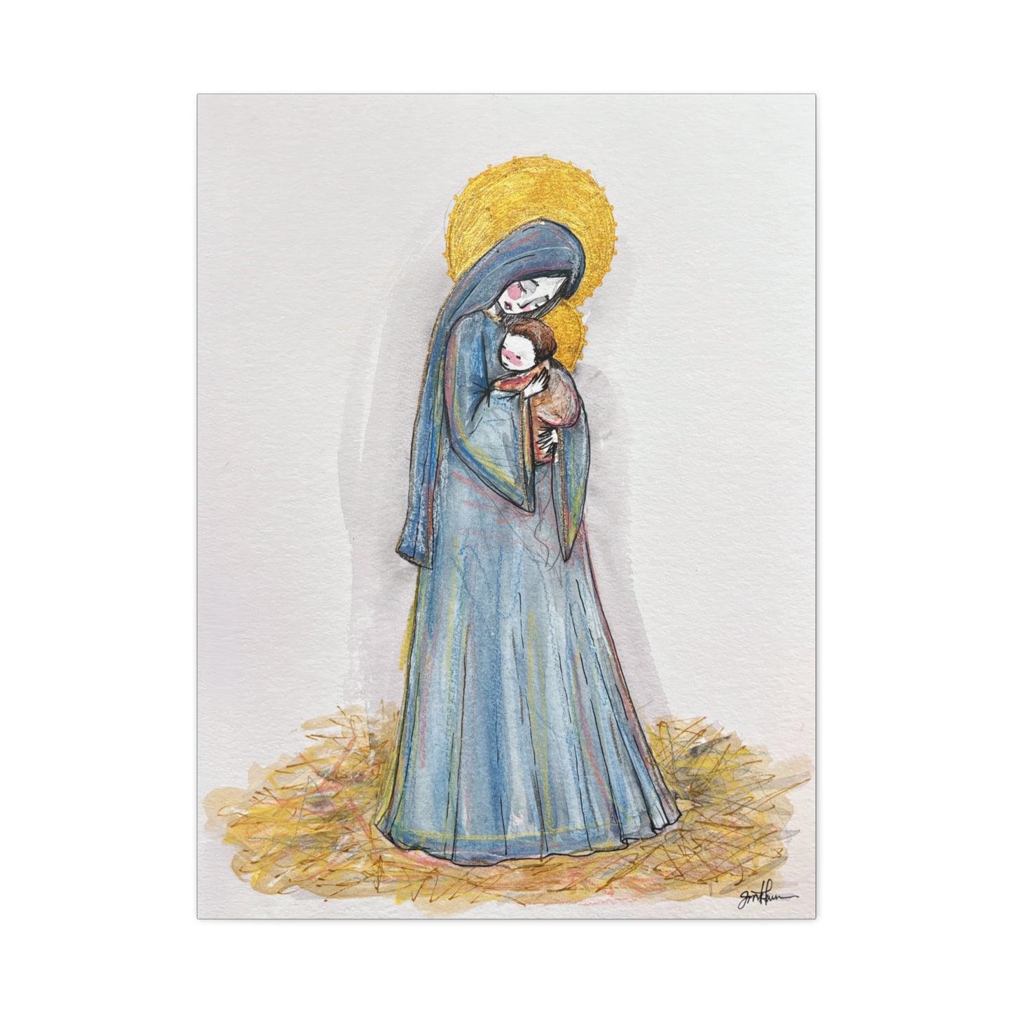 Our Lady of the Manger - Mother Mary Art - Catholic Canvas Print | Virgin Mary Sacred Art | Hand-Drawn Watercolor Christian Wall Art