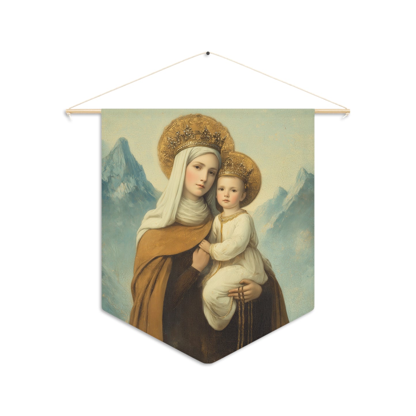 The Gift of the Scapular - Our Lady of Mount Carmel Pennant / Banner / Wall Hanging - Prayer room art - Catholic Home - 18" x 21"