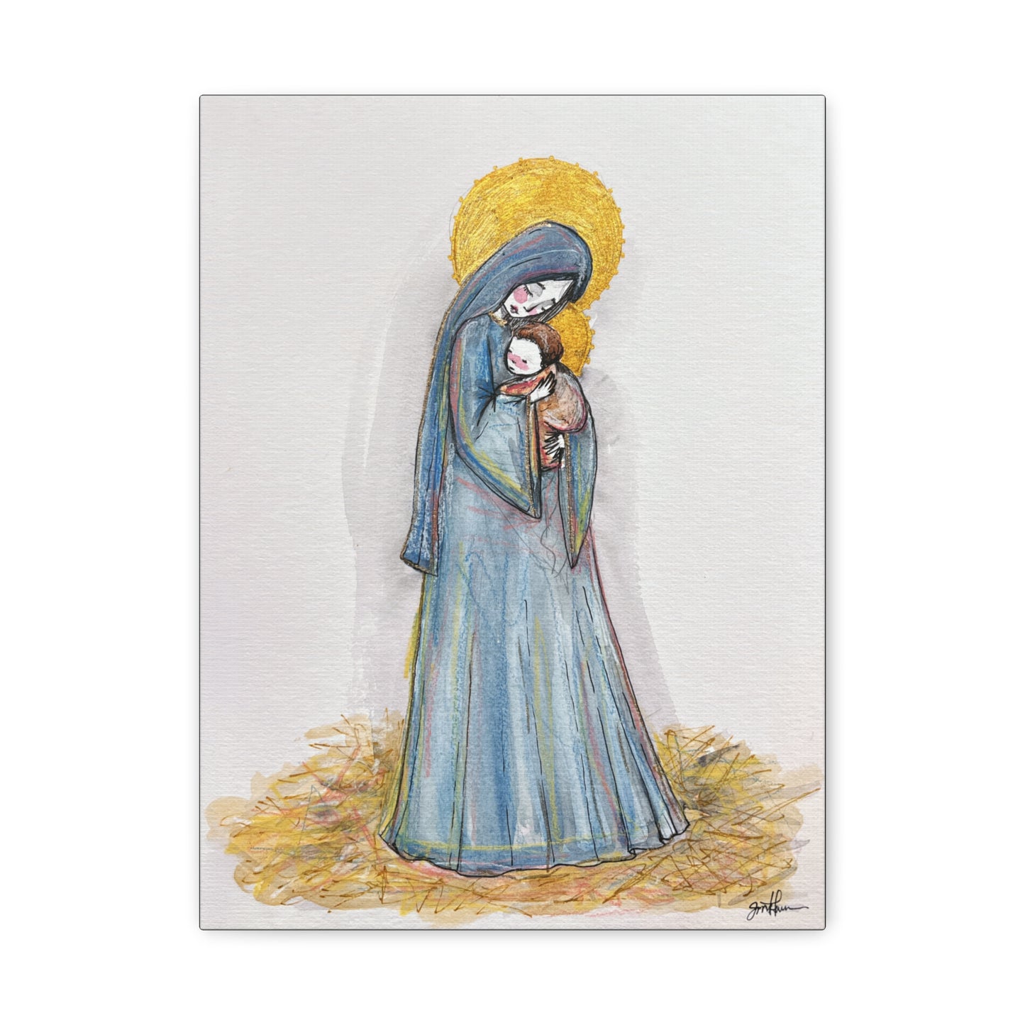 Our Lady of the Manger - Mother Mary Art - Catholic Canvas Print | Virgin Mary Sacred Art | Hand-Drawn Watercolor Christian Wall Art
