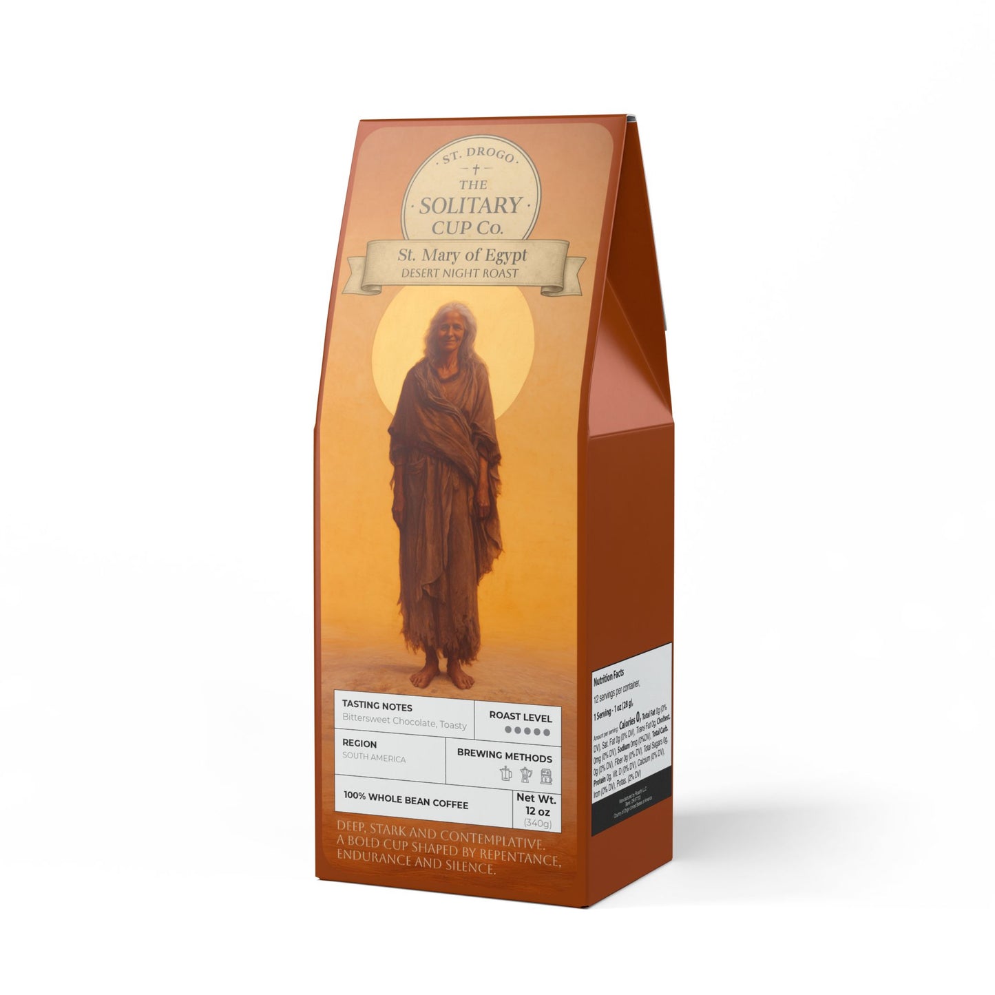St. Mary of Egypt - Desert Night Roast (Dark French Roast) - St. Drogo - The Solitary Cup Co. - Artisan Catholic Saint Inspired Coffee - 12 oz.