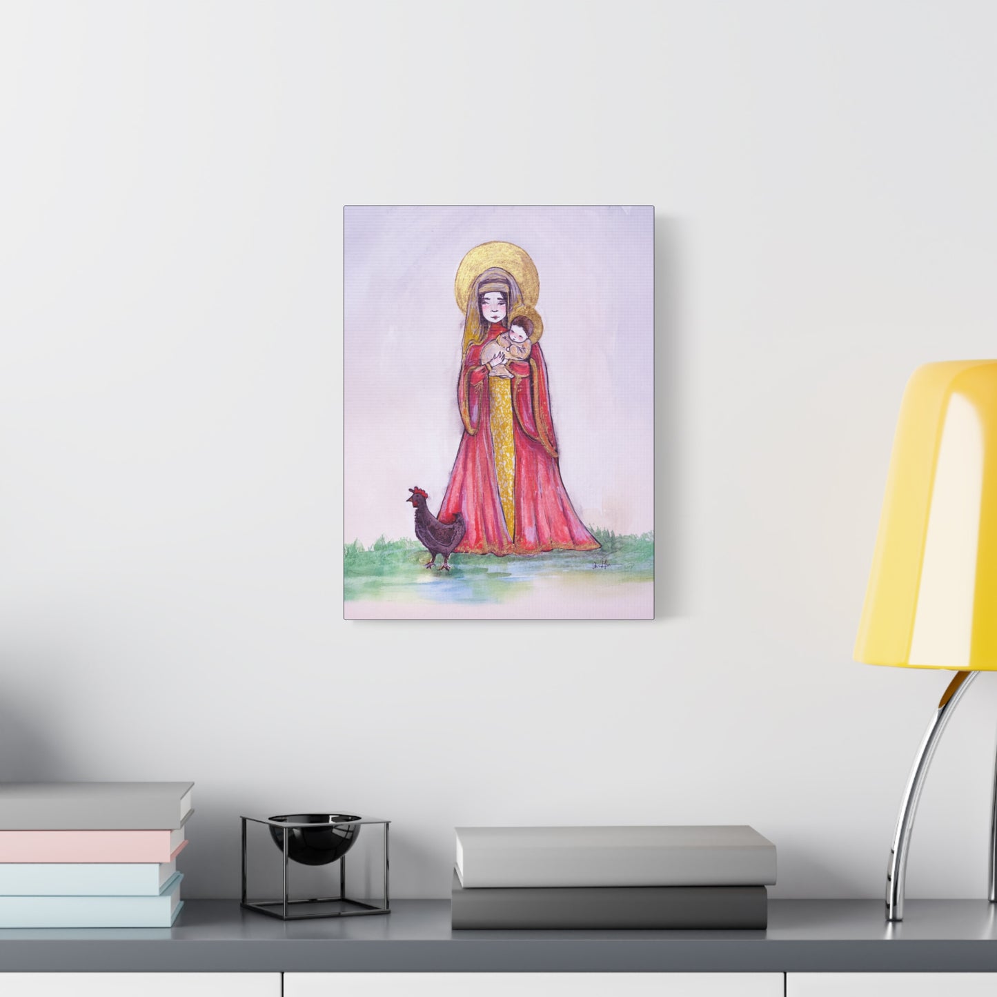 Our Lady of the Hens Catholic Canvas Print | Virgin Mary and Child Sacred Art | Hand-Drawn Watercolor Marian Wall Art