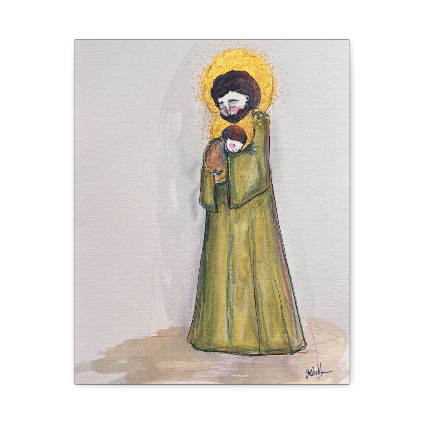 Saint Joseph and Child Jesus Catholic Canvas Print | Hand-Drawn Watercolor Sacred Art | Christian Devotional Wall Art