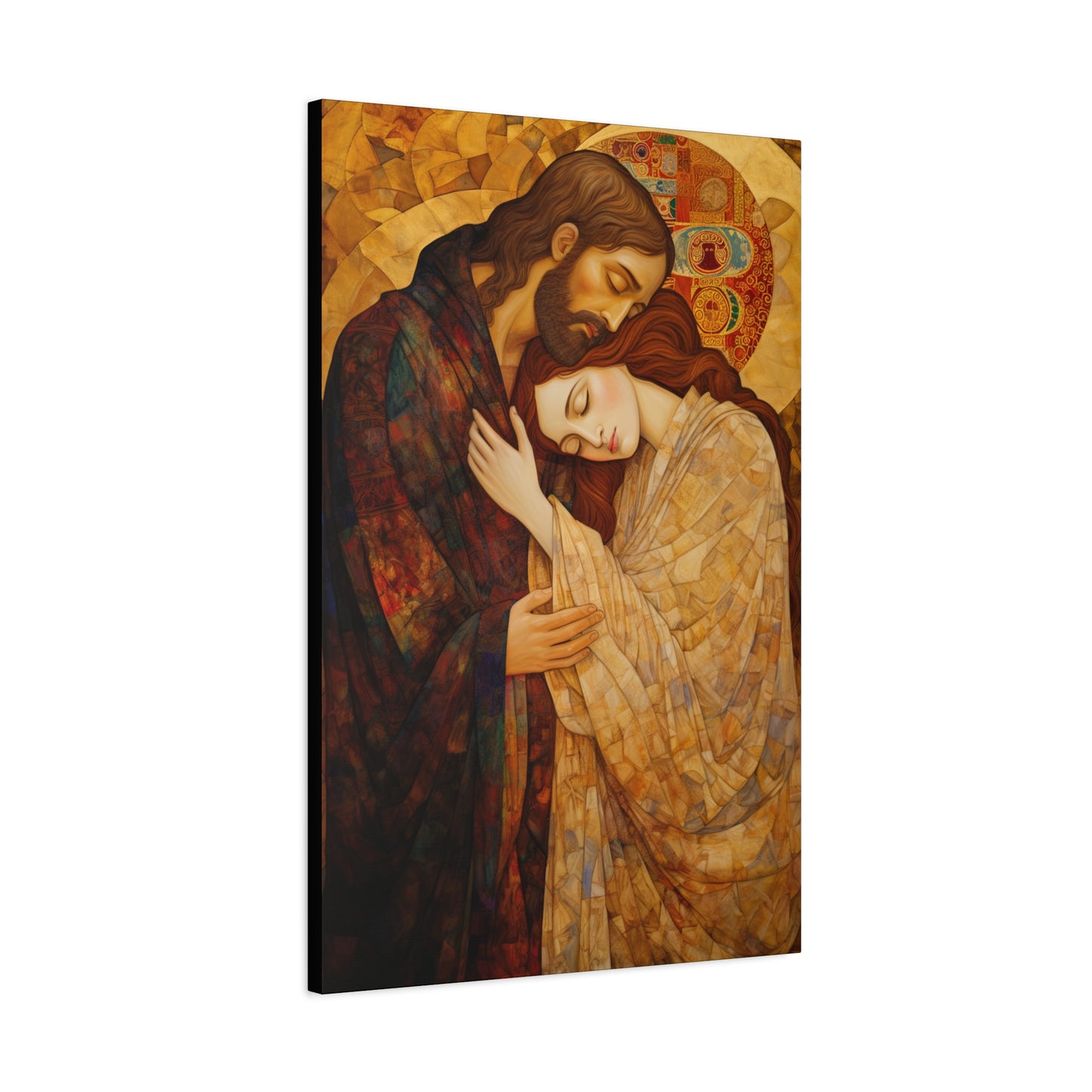 Healing Love- The Embrace of Christ and Mary Magdalene Museum Wrapped Canvas - Sanctified Souls Print -Based on Klimt's The Kiss