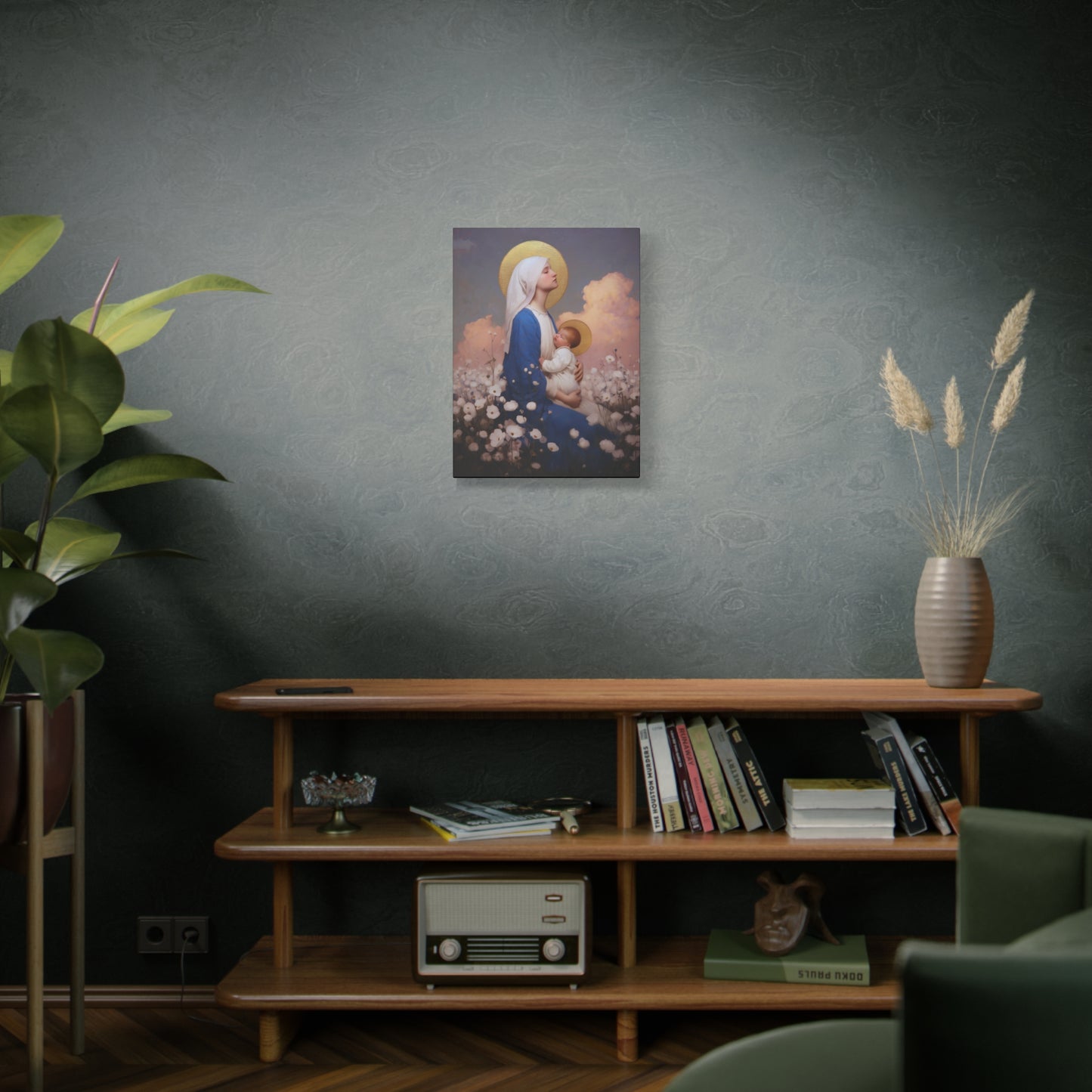 Mother Mary - Our Lady Among the Flowers -  Museum Wrapped Canvas - Sanctified Souls Print - Religious Art for your Home - Catholic Mother Mary Art