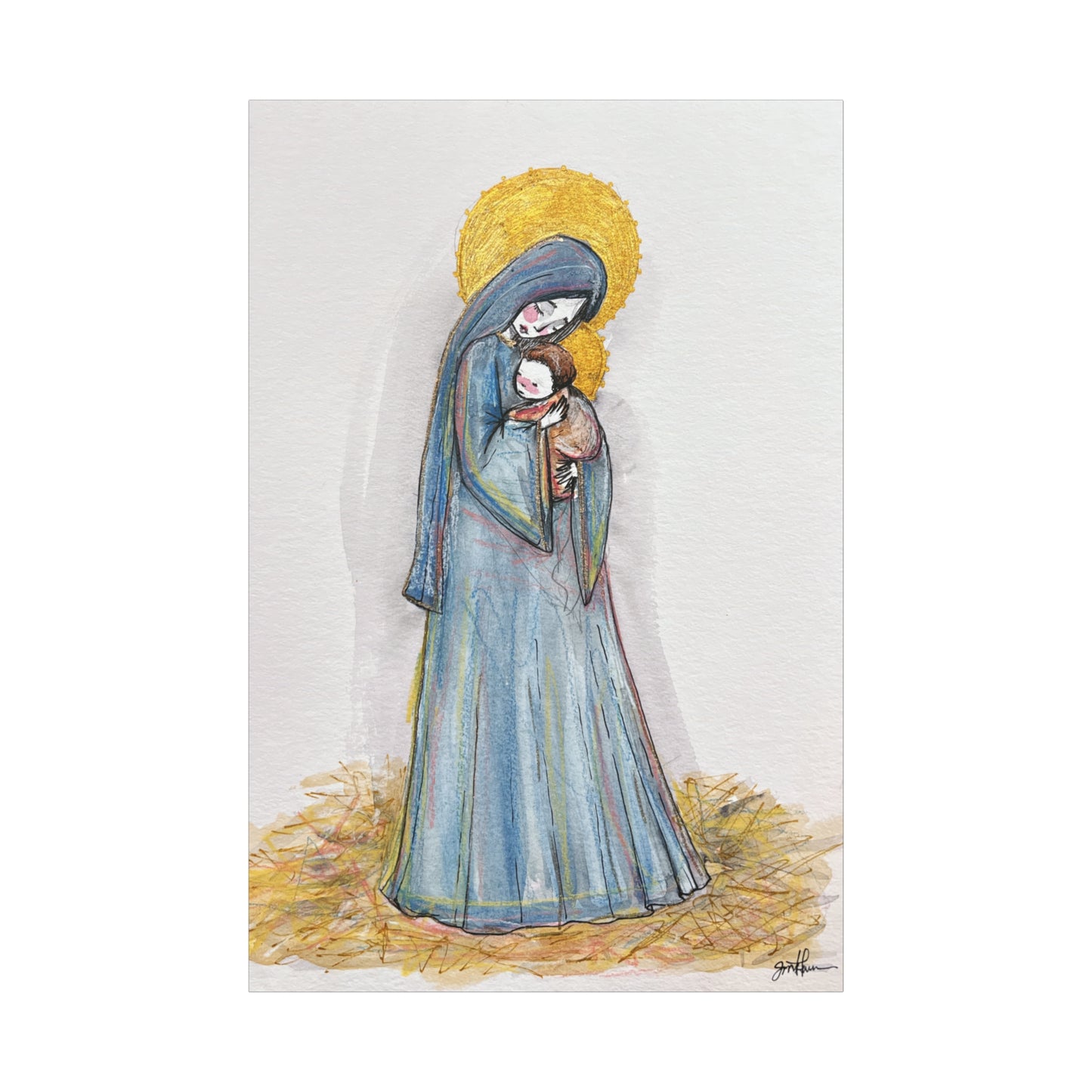 Our Lady of the Manger - Mother Mary Art - Catholic Canvas Print | Virgin Mary Sacred Art | Hand-Drawn Watercolor Christian Wall Art