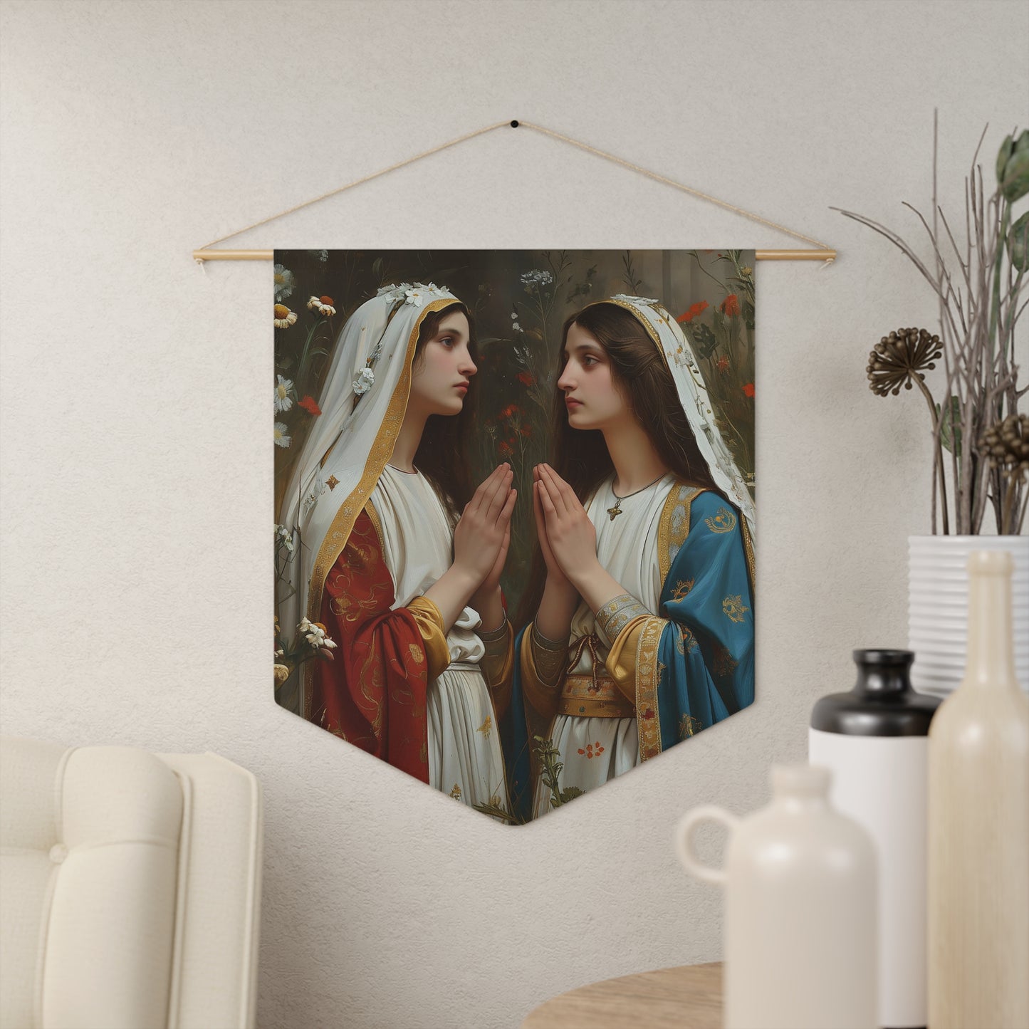 Saints Emiliana and Trasilla Wall Banner / Wall Hanging / Pennant - Prayer room art - Catholic Home - Saint Art for your home - 18" x 21"