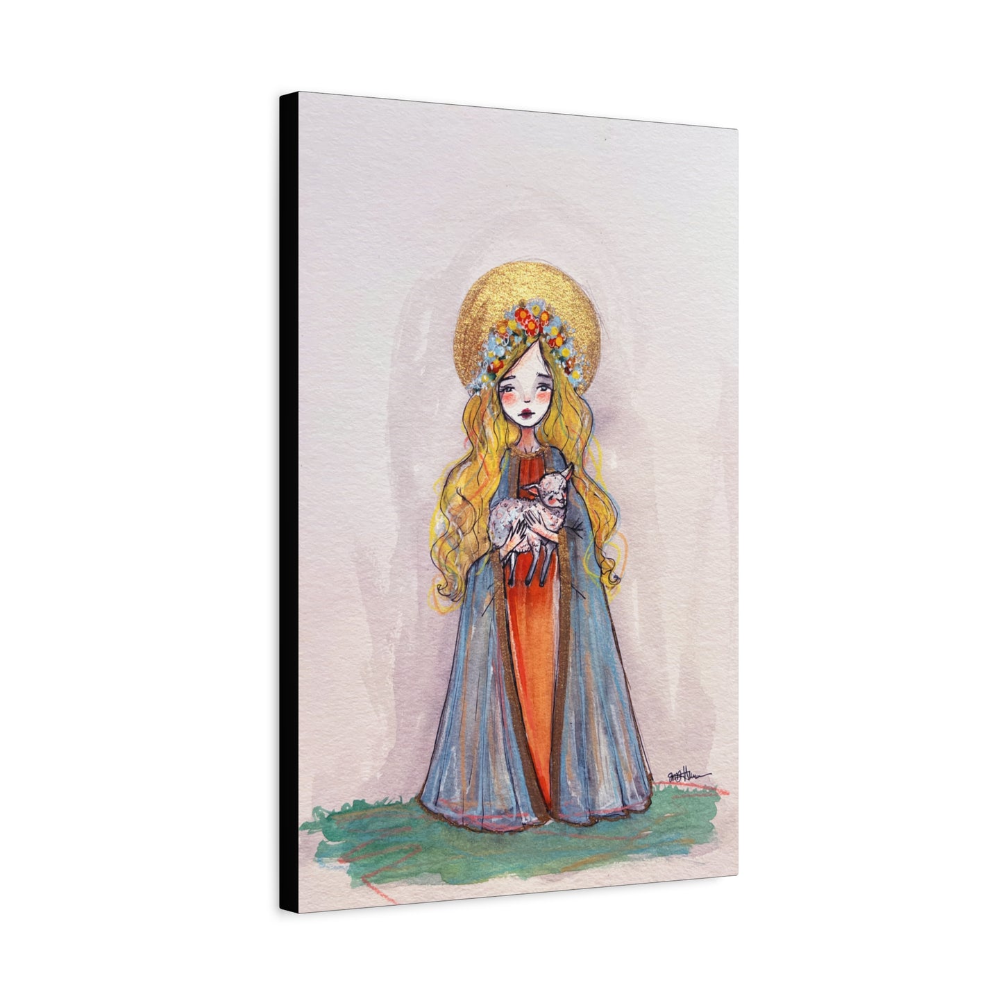 Saint Agnes of Rome Catholic Canvas Print | Christian Sacred Art | Hand-Drawn Watercolor Devotional Wall Art Religious Artwork