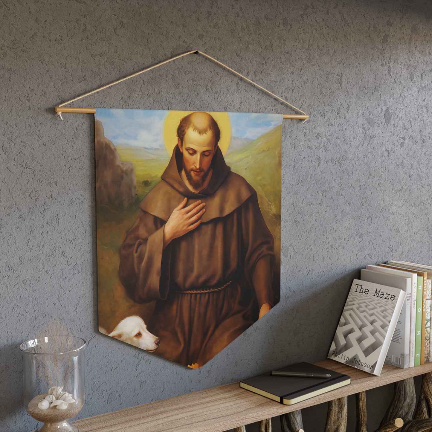 Saint Francis of Assisi Wall Banner / Wall Hanging - Prayer room art - Catholic Home Art - Large Saint Art for your home - 18" x 21"