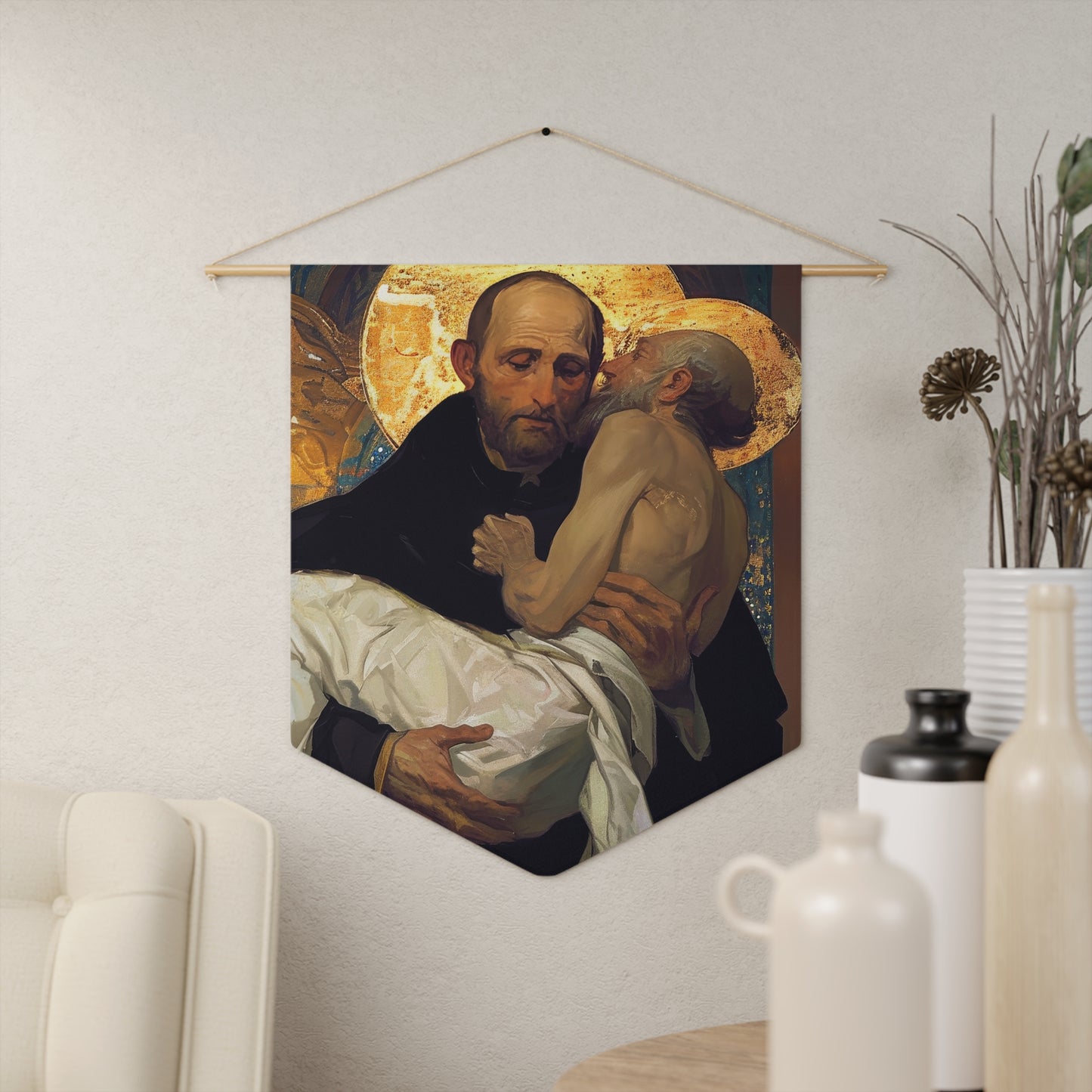 Saint John of God Pennant / Banner / Wall Hanging - Prayer room art - 18" x 21" - Catholic prayer Religious Christian Gift