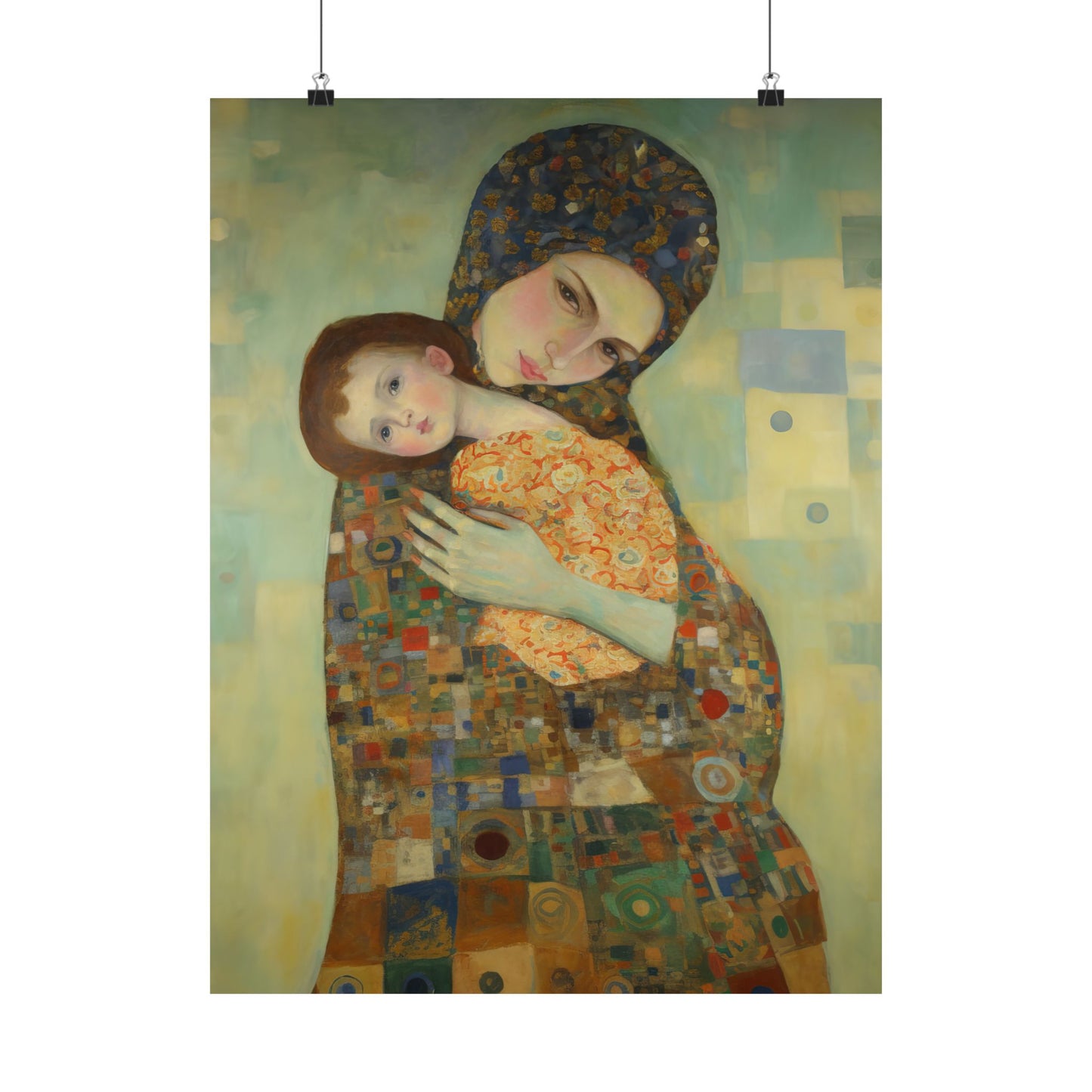 Cherished Blessing - Mary with Her Son - Based on Gustav Klimt's The Kiss - Multiple Sizes - Premium Matte Vertical Posters - Christ Child