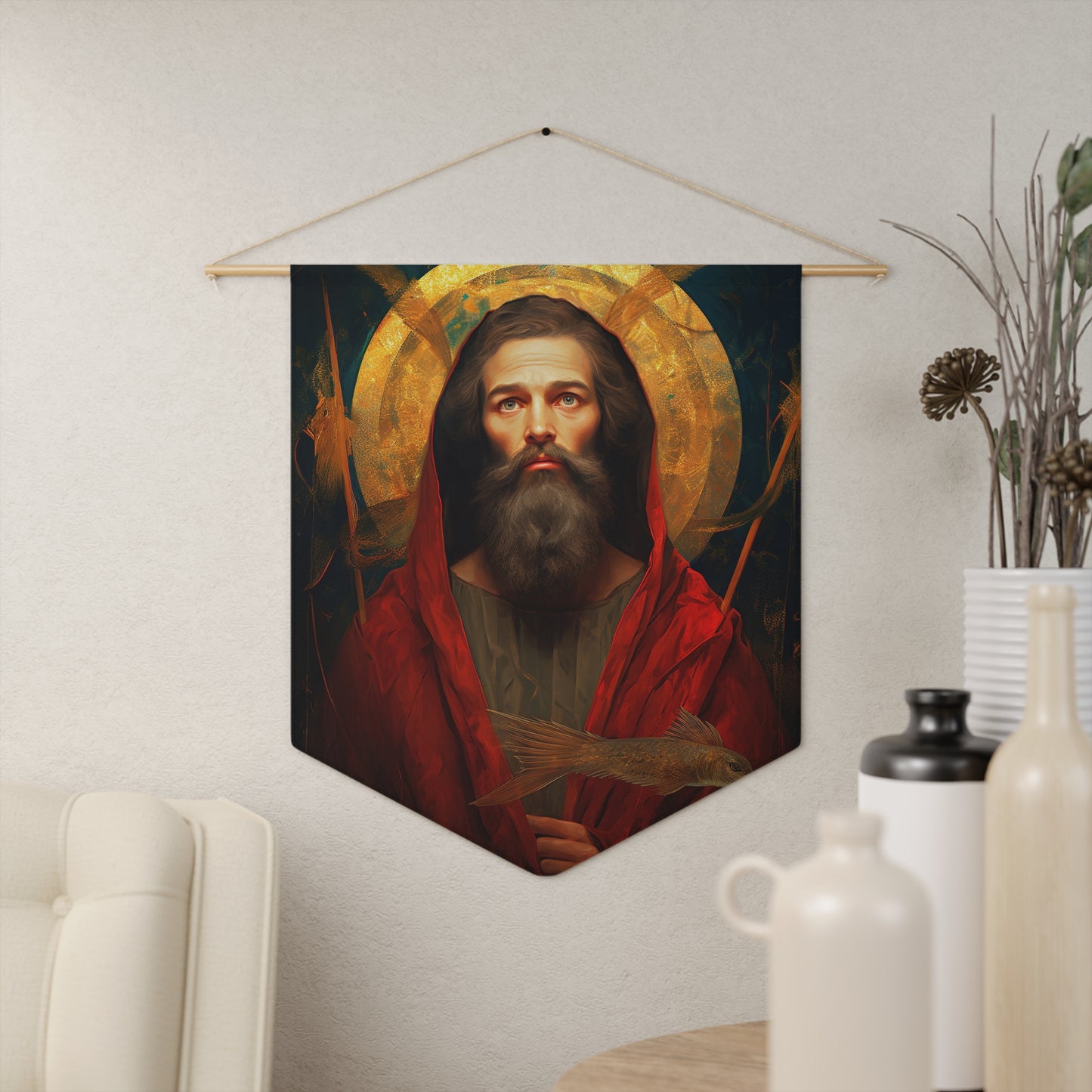 Saint Andrew Wall Banner / Wall Hanging - Prayer room art - Catholic Home Art - Large Saint Art - 18" x 21"