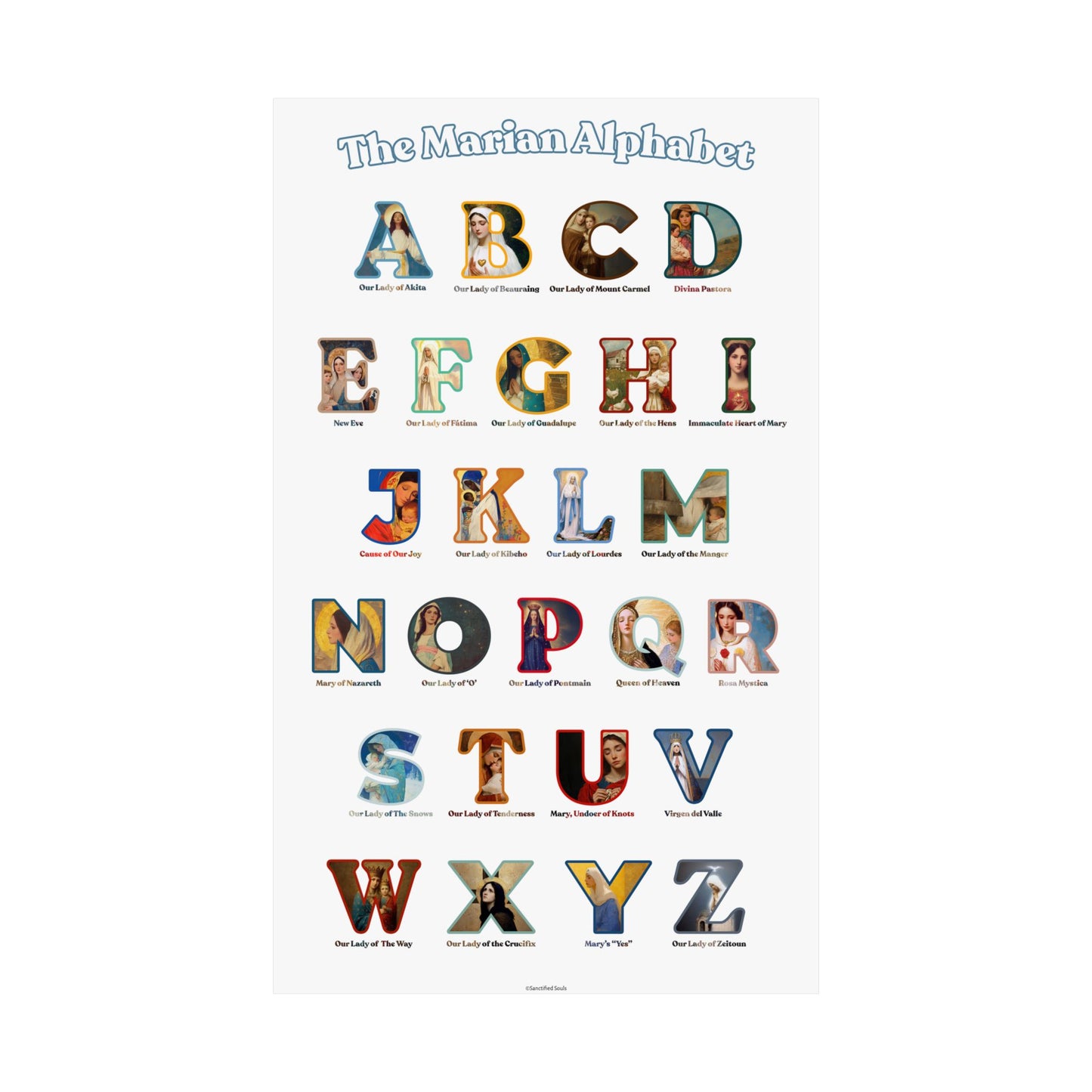 Catholic Marian Alphabet Poster - ABC Wall Art - Marian Titles Catholic Print - Catholic Nursery or Homeschool Faith Decor - Mother Mary Art