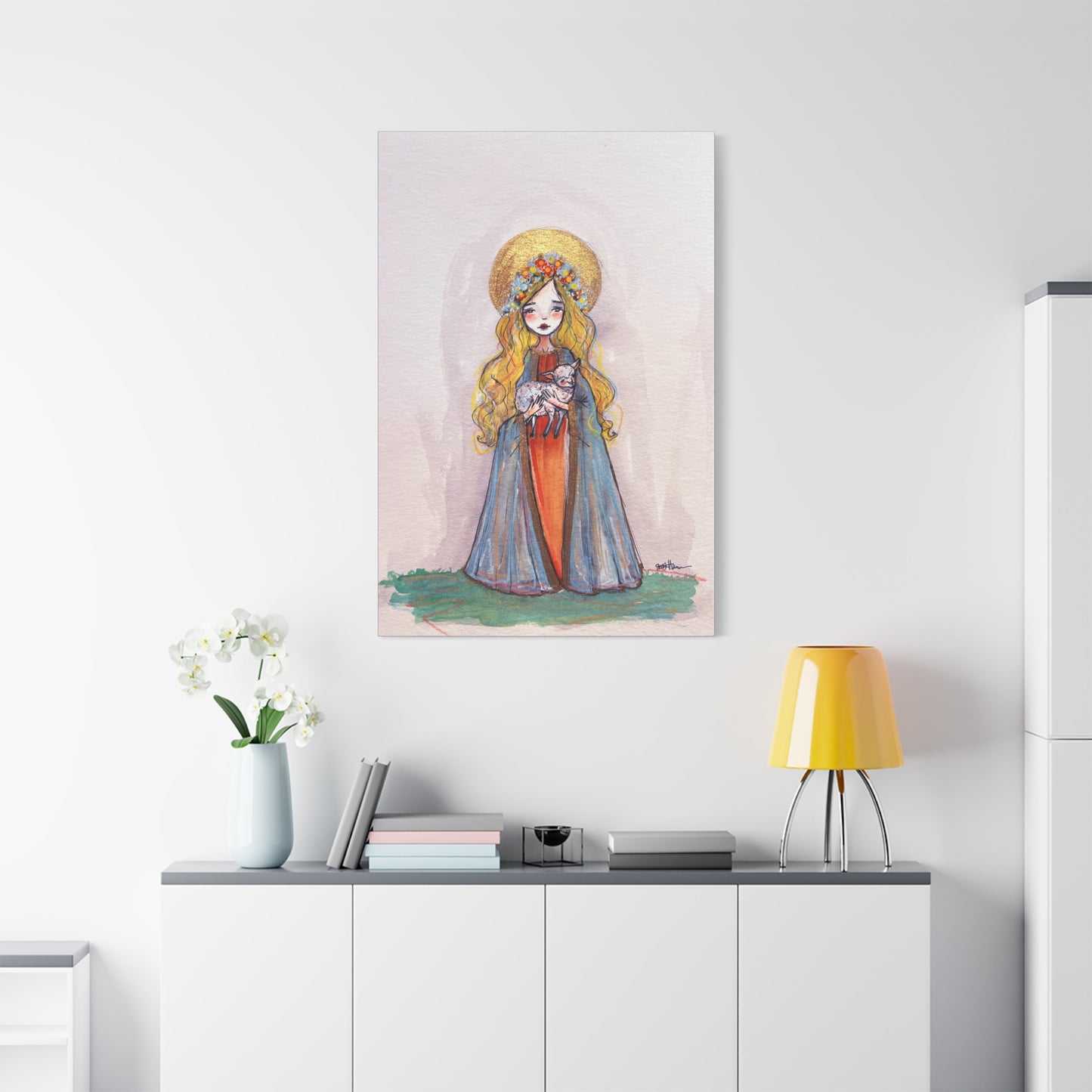 Saint Agnes of Rome Catholic Canvas Print | Christian Sacred Art | Hand-Drawn Watercolor Devotional Wall Art Religious Artwork